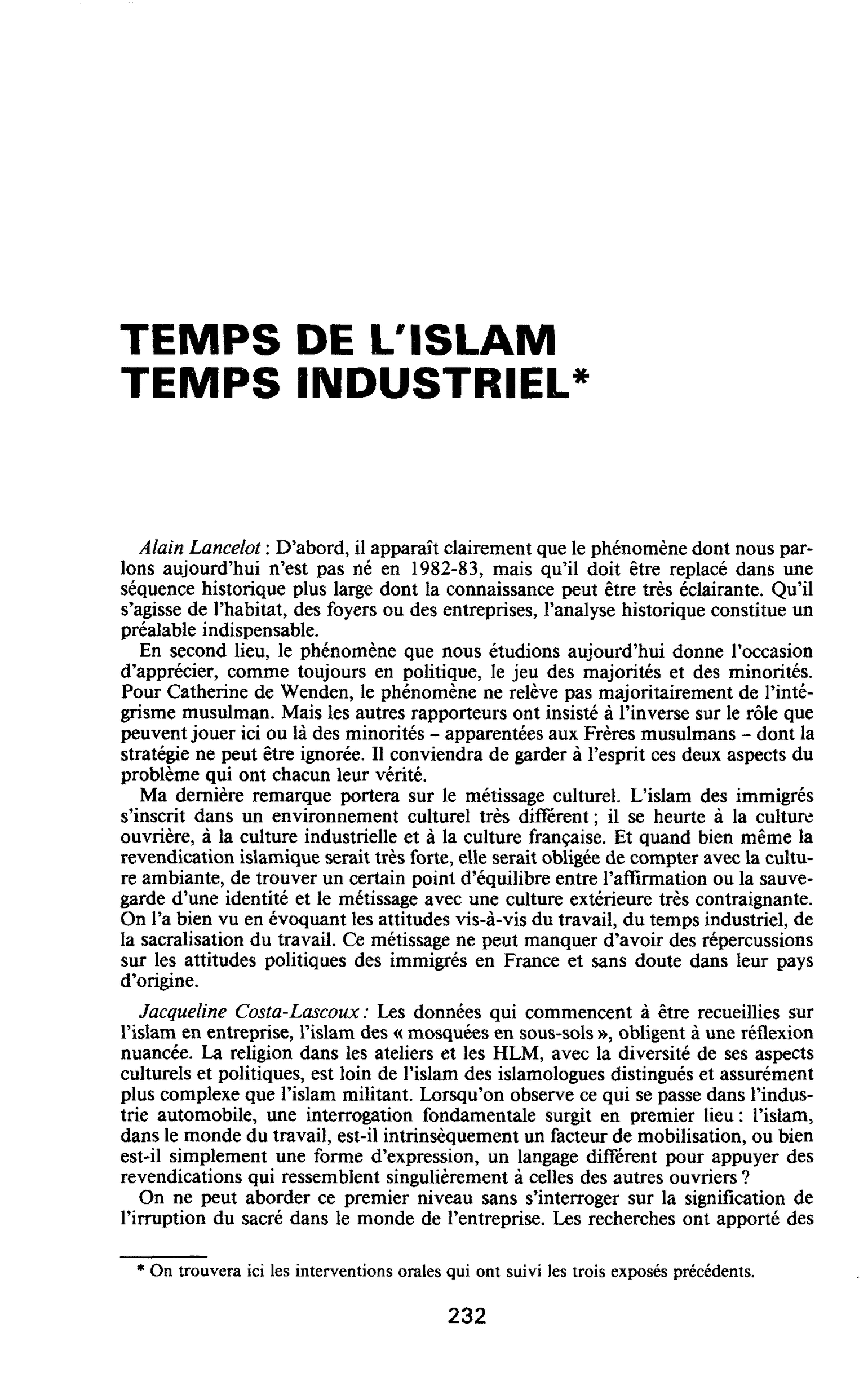 TEMPS DE L’ISLAM. TEMPS INDUSTRIEL