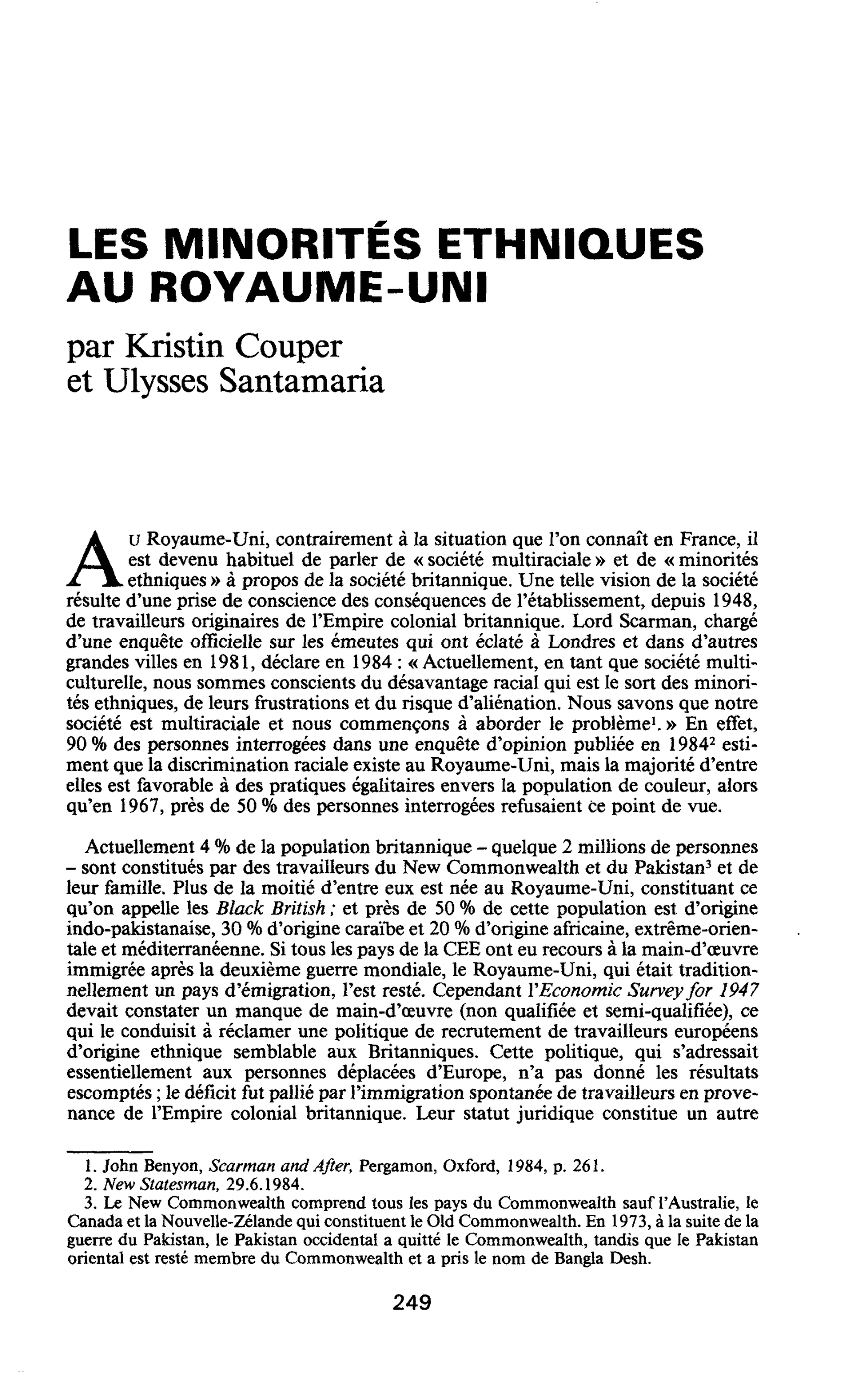 LES MINORITES ETHNIQUES AU ROYAUME-UNI