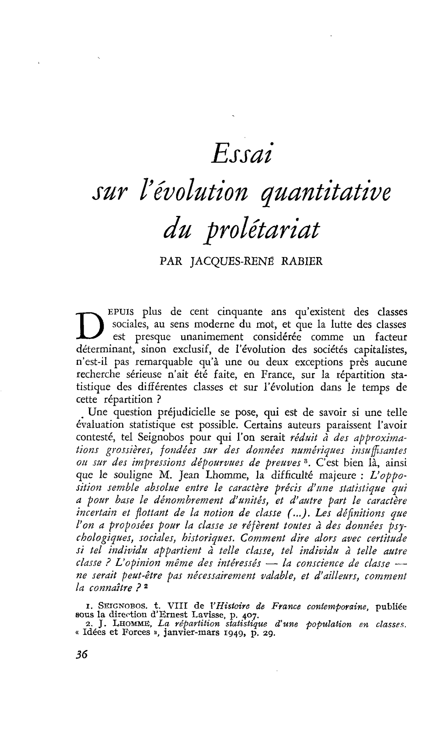 Essai sur l’évolution quantitative du prolétariat