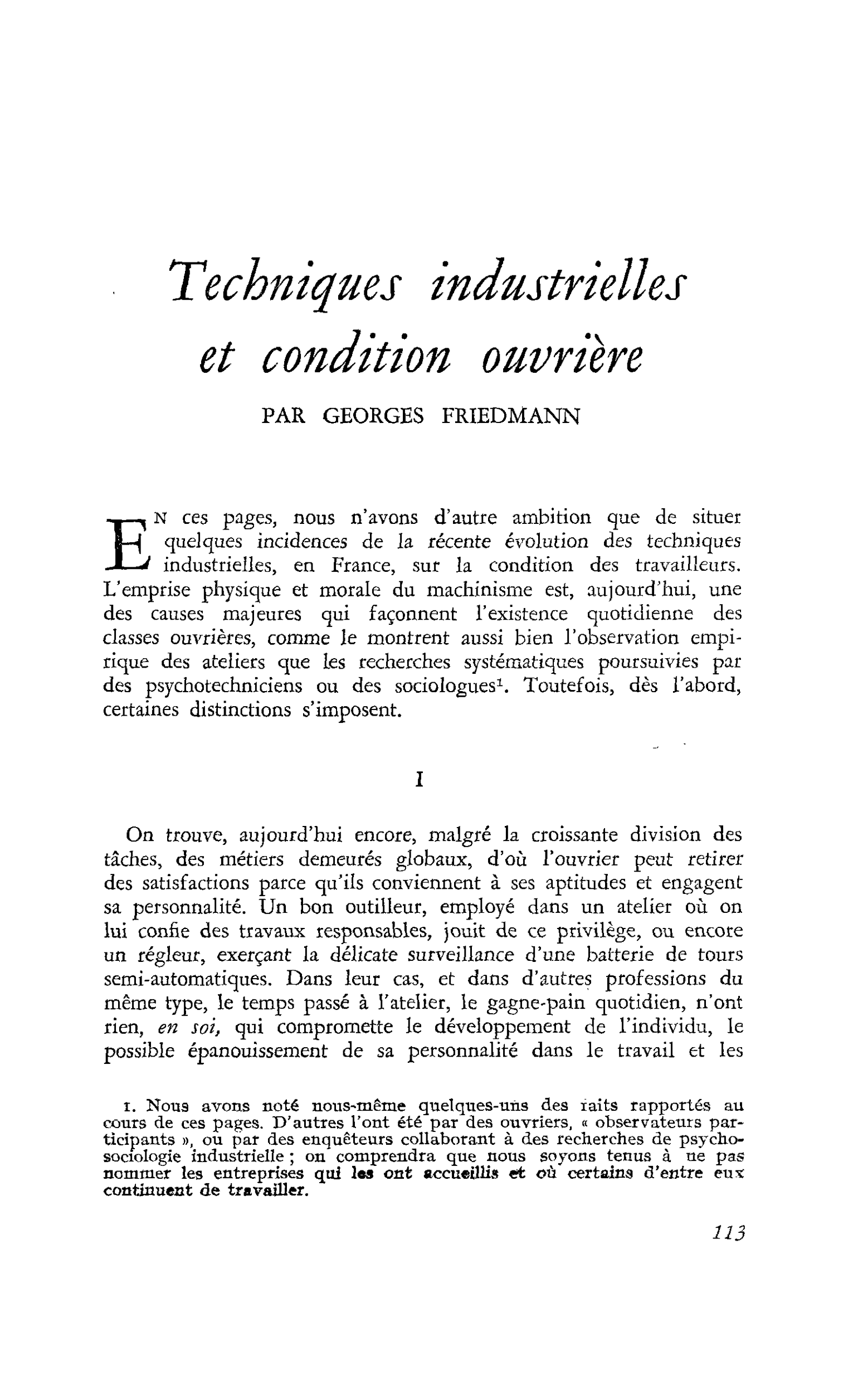 Techniques industrielles et condition ouvrière