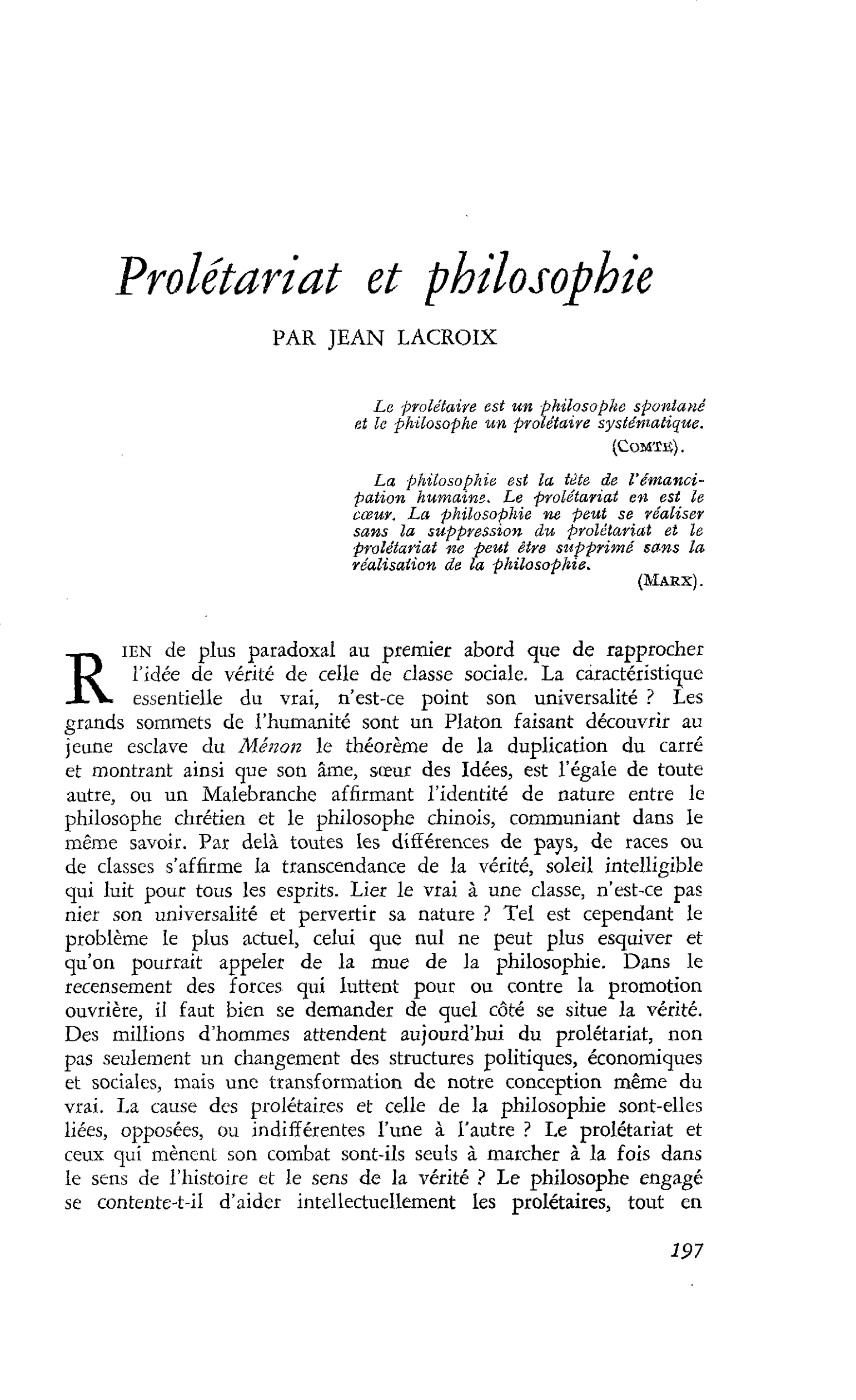 Prolétariat et philosophie