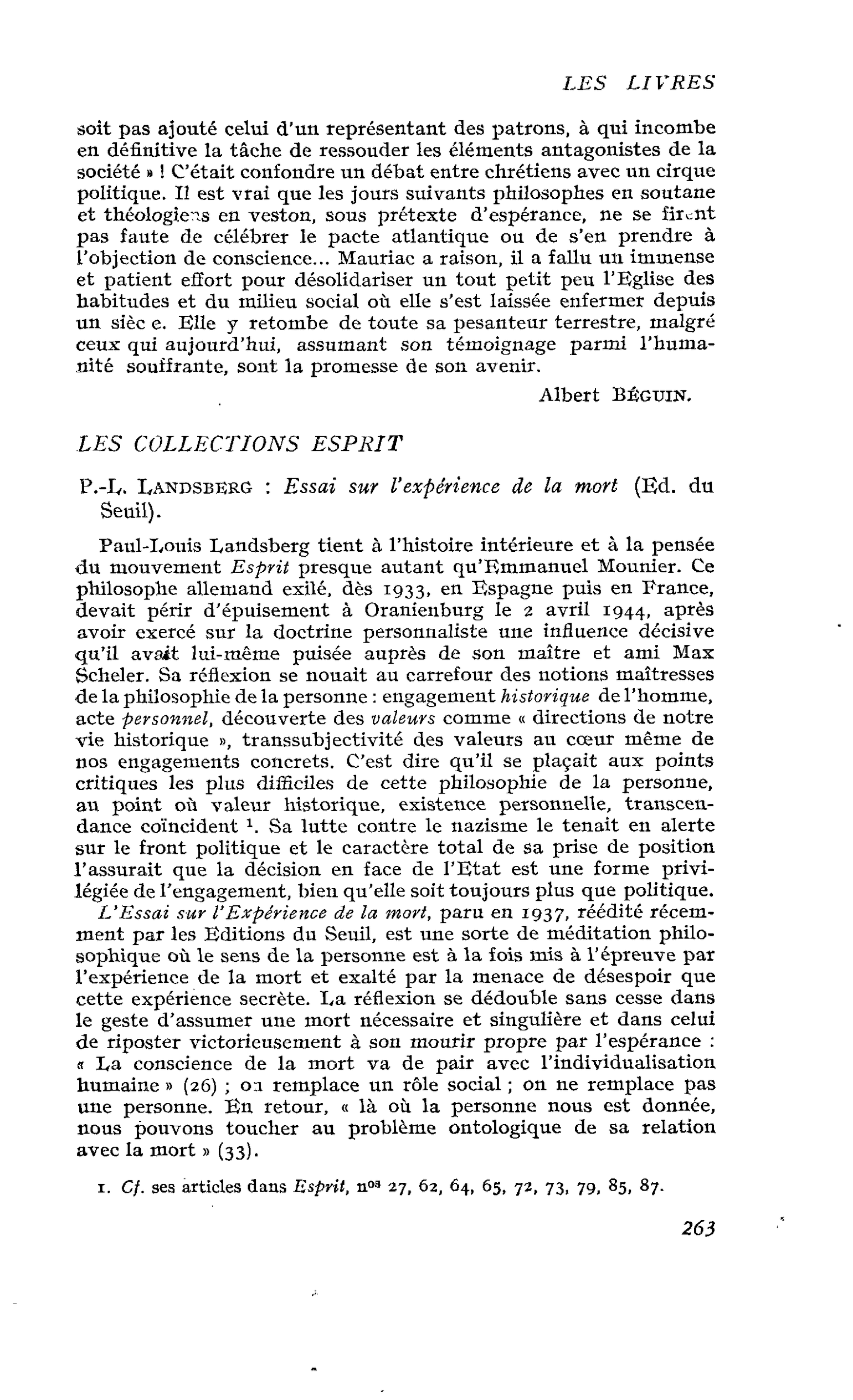 P-L. Landsberg : Essai sur l’expérience de la mort