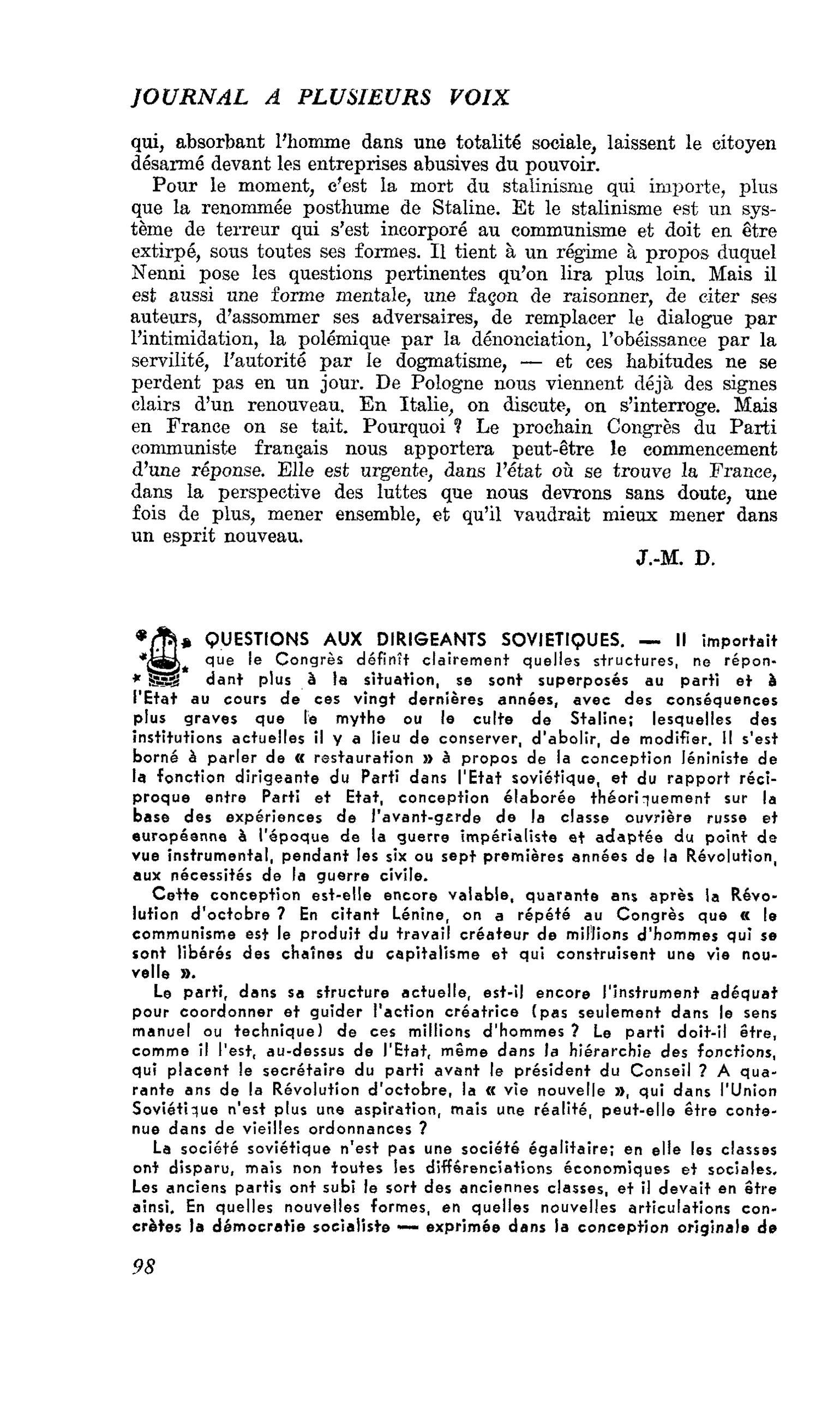 QUESTIONS AUX DIRIGEANTS SOVIETIQUES