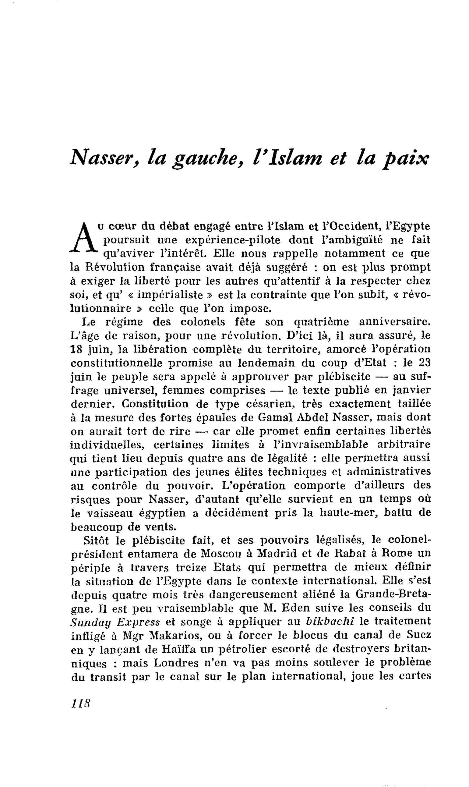 Nasser, la gauche, l’Islam et la paix