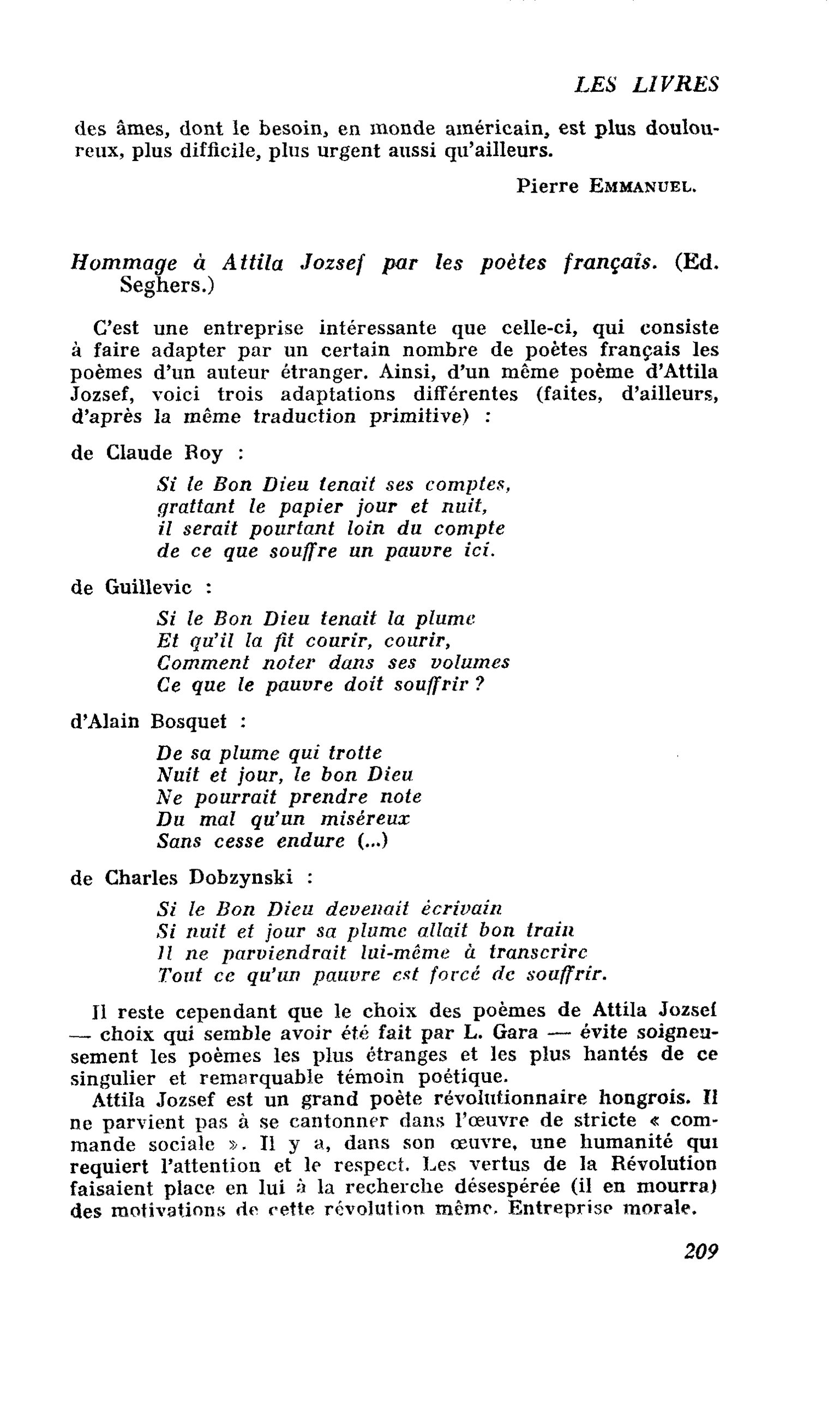 Hommage à Attila Jozsef par les poètes français