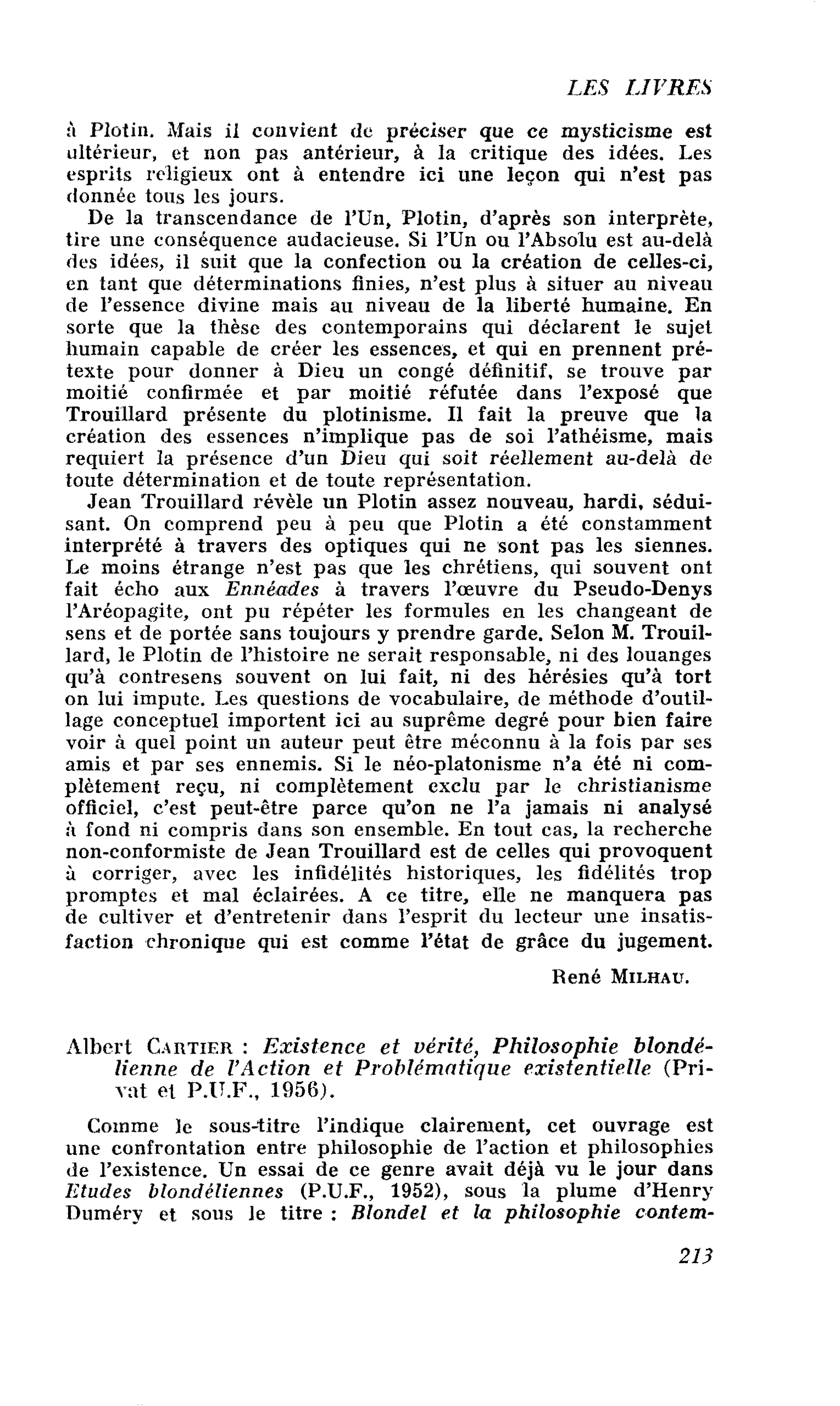 Albert CARTIER : Existence et vérité, Philosophie blondélienne de l’Action et Problématique existentielle