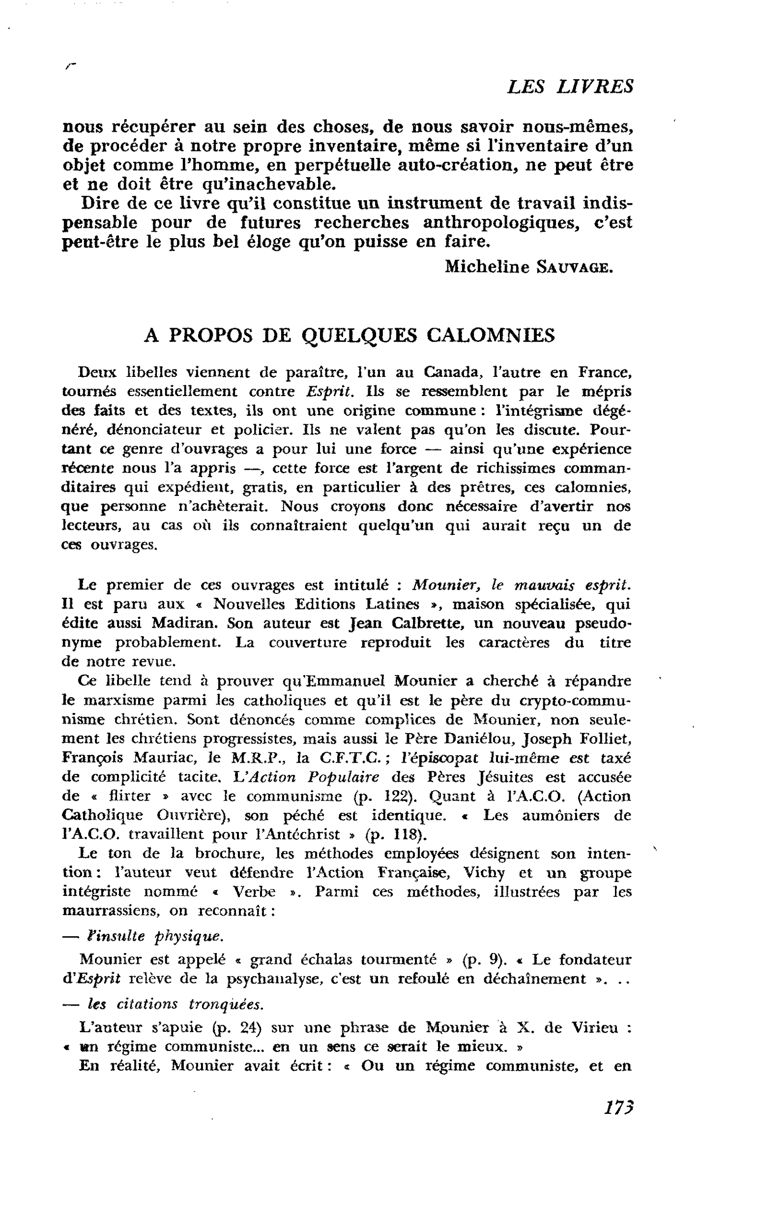 A PROPOS DE QUELQUES CALOMNIES