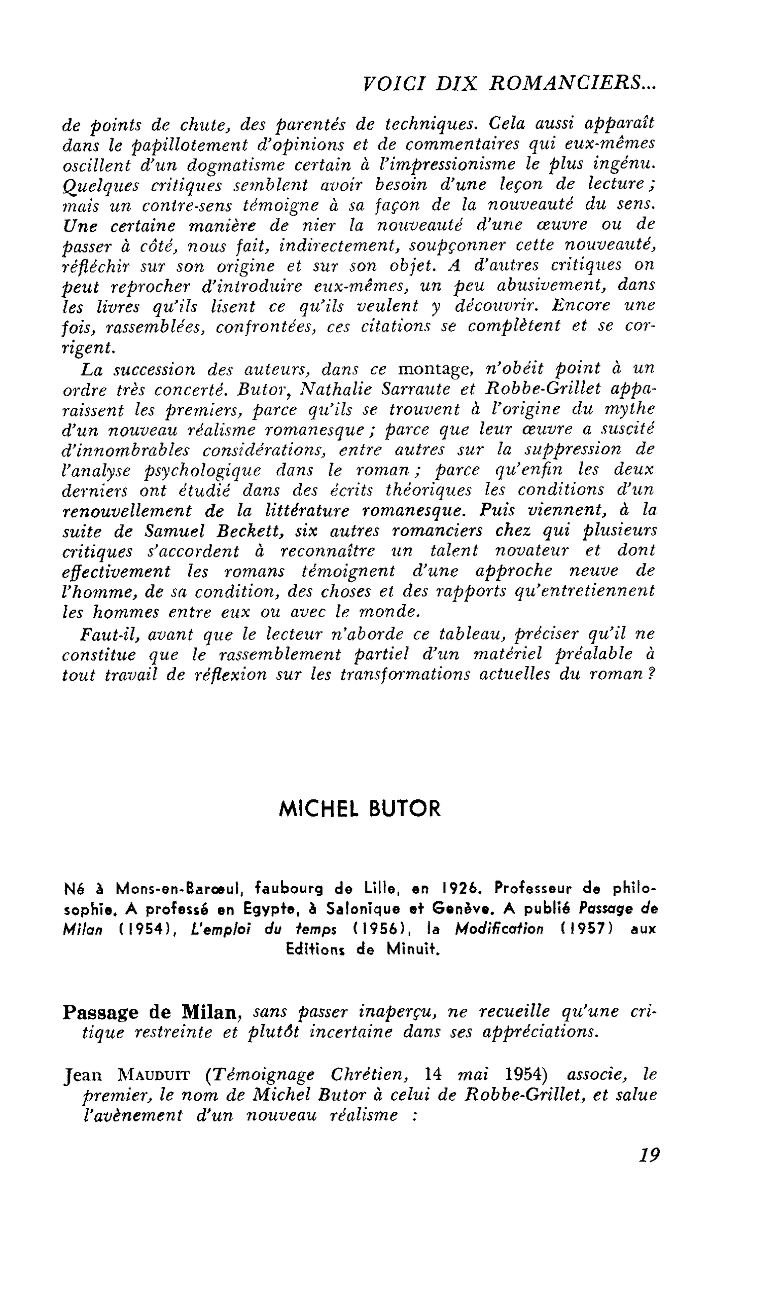 Voici dix romanciers… : MICHEL BUTOR