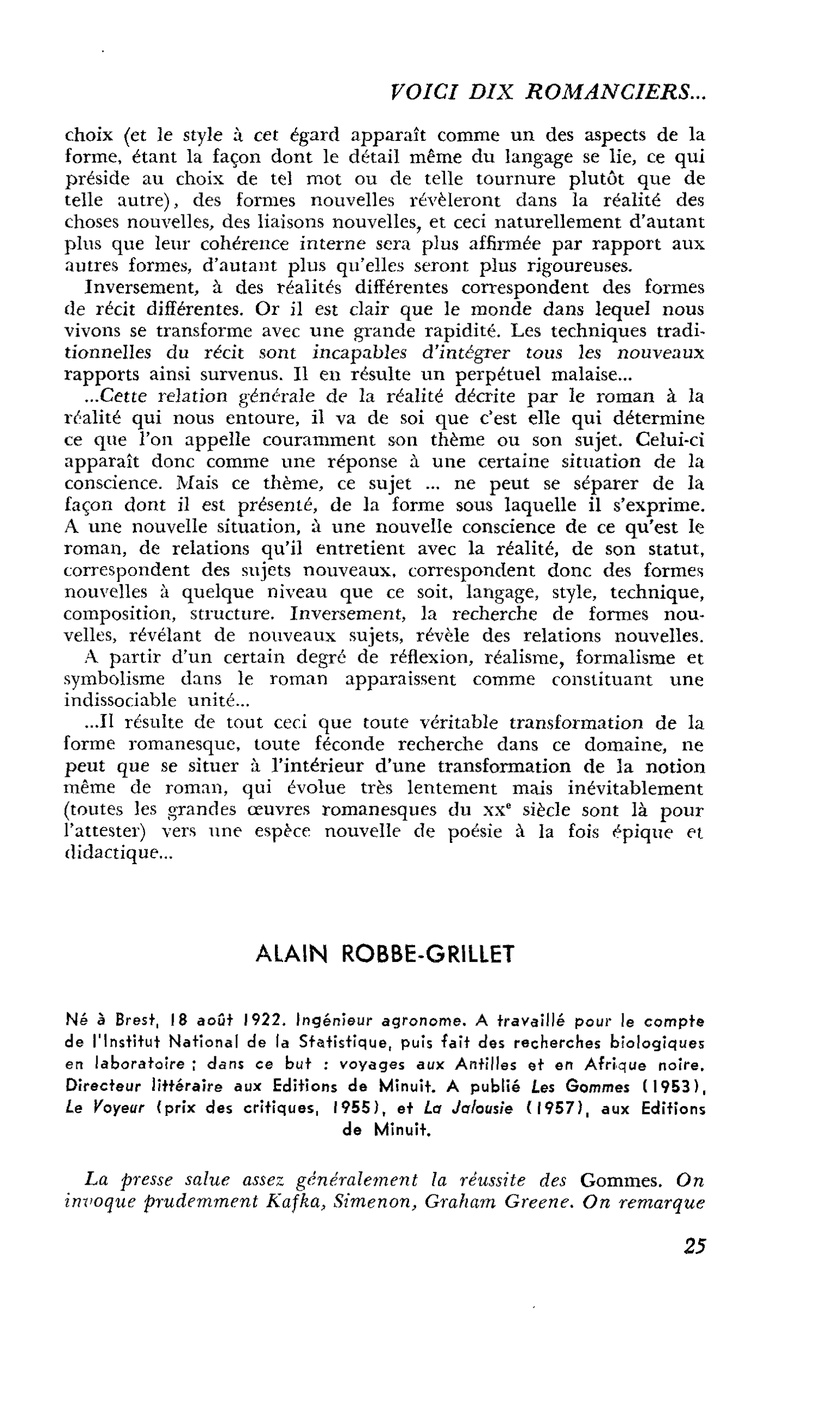 Voici dix romanciers… : ALAIN ROBBE-GRILLET