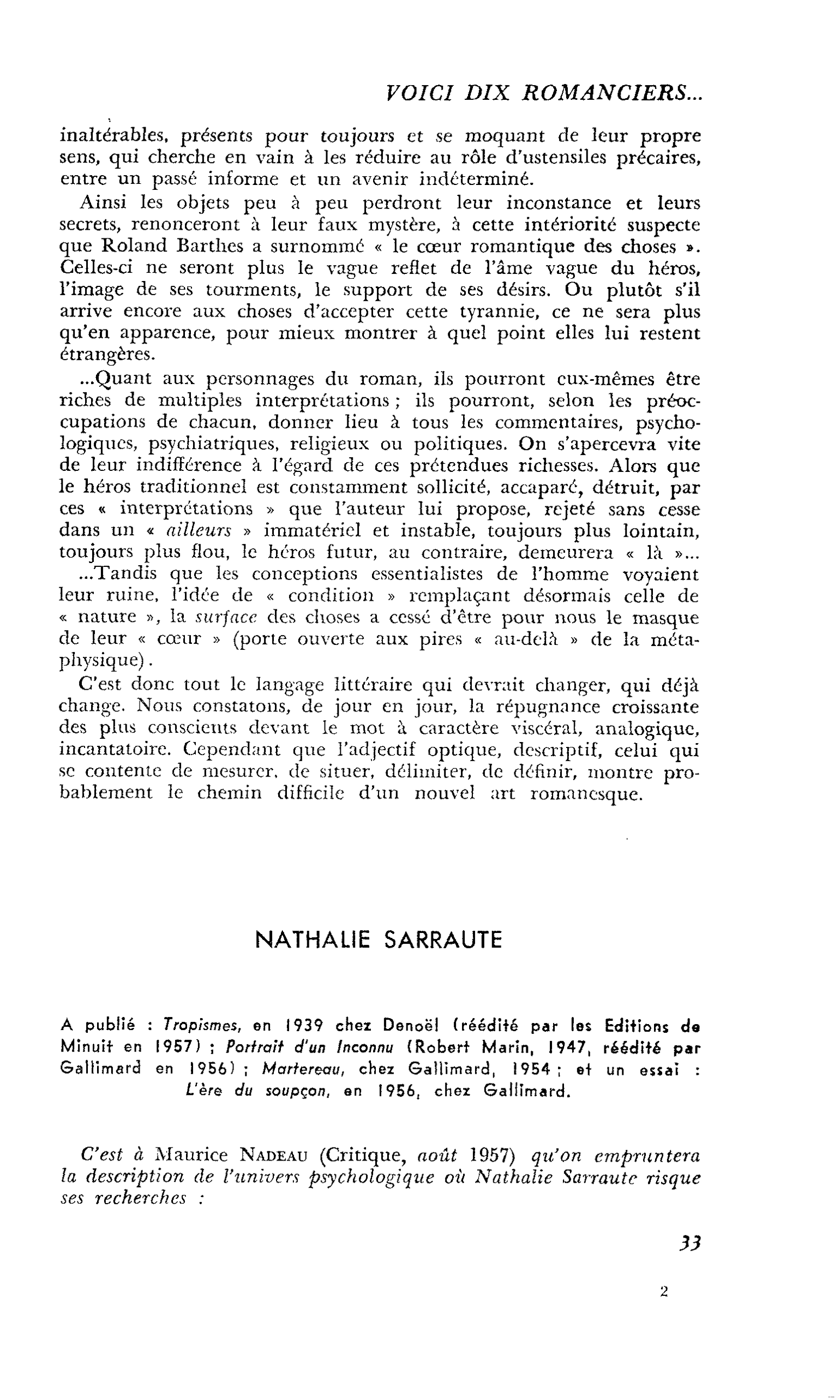 Voici dix romanciers… : NATHALIE SARRAUTE