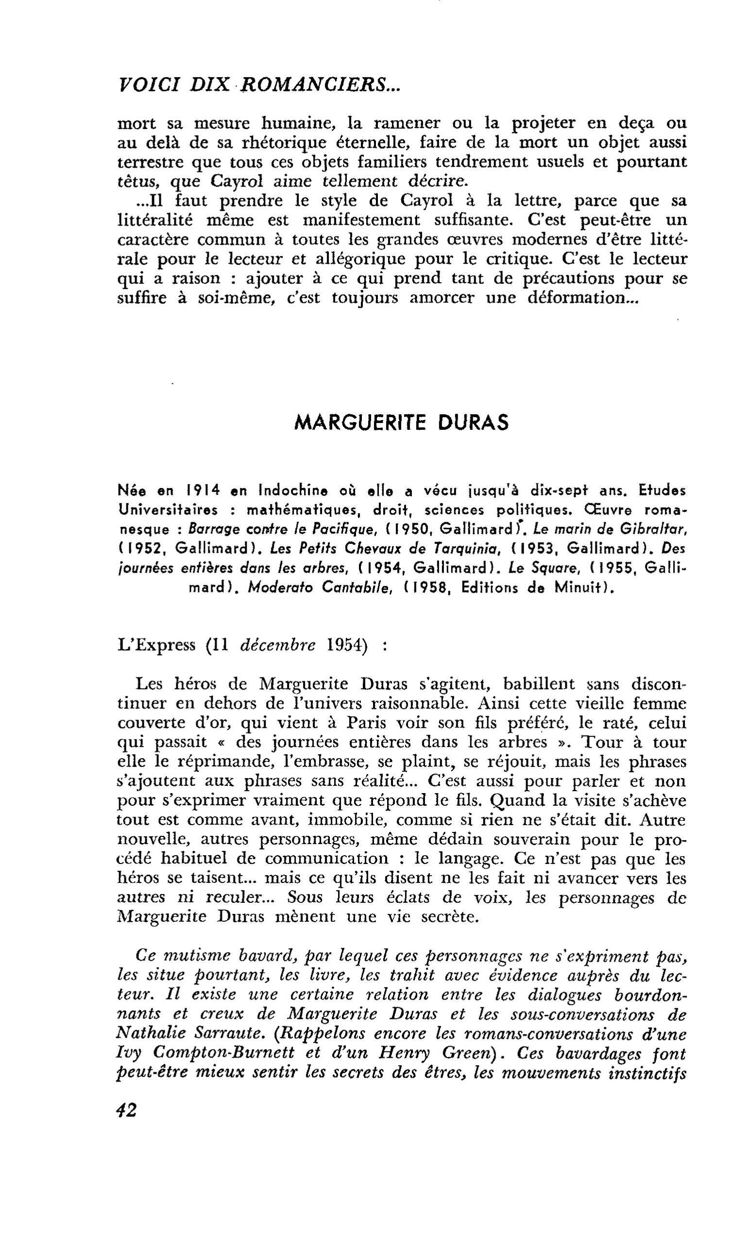 Voici dix romanciers… : MARGUERITE DURAS