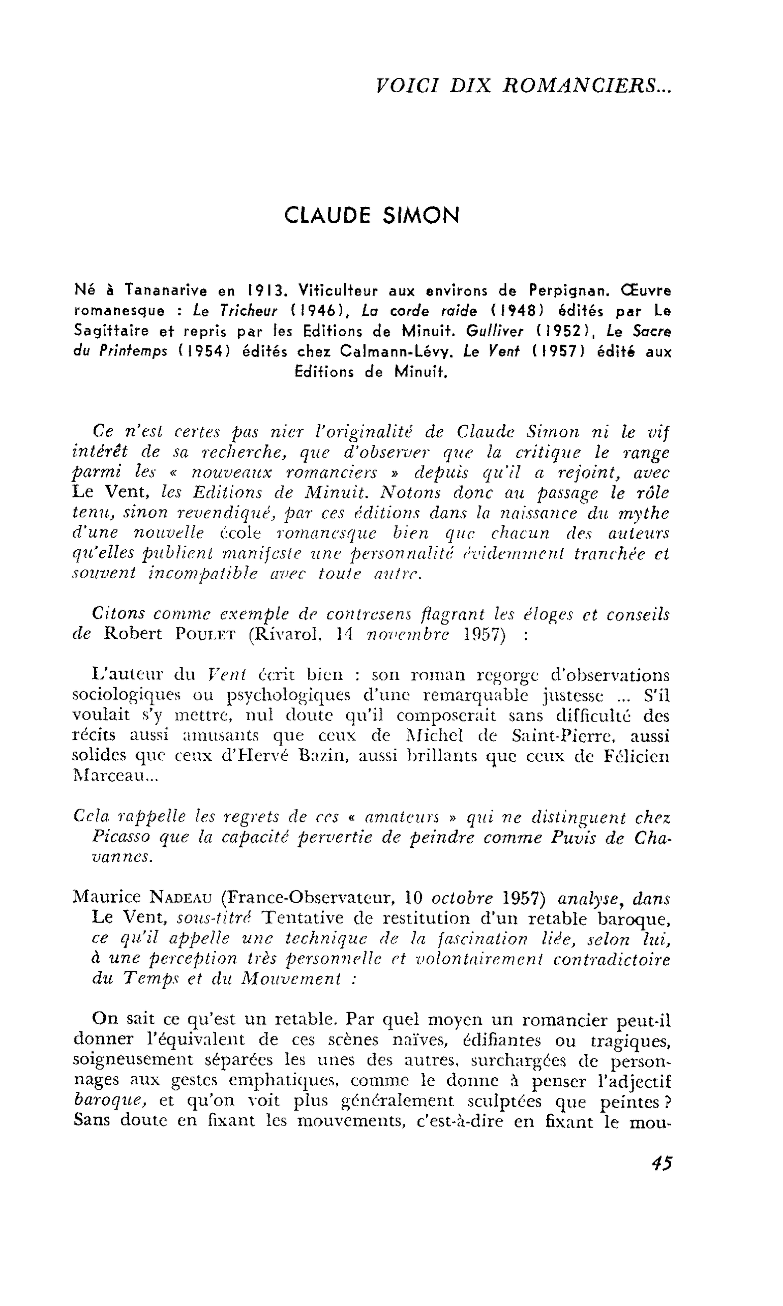 Voici dix romanciers… : CLAUDE SIMON