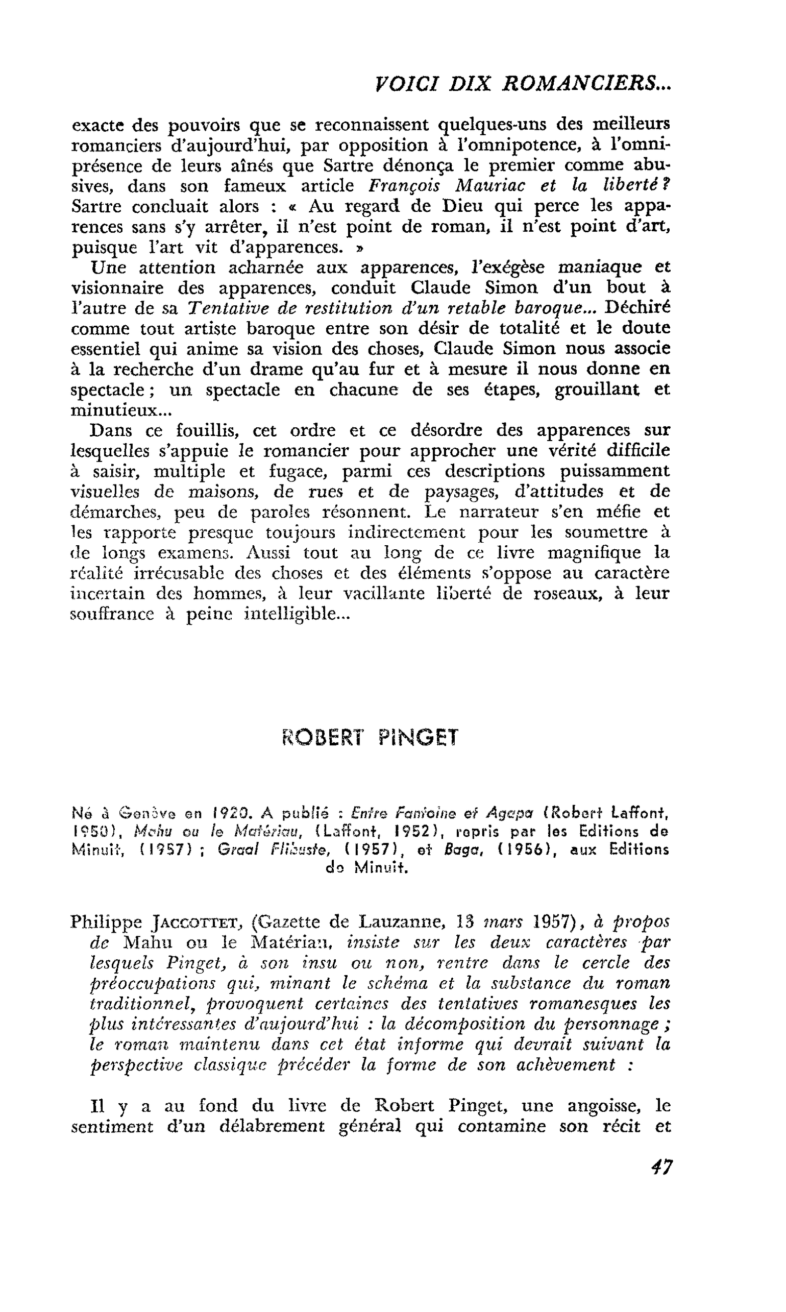Voici dix romanciers… : ROBERT PINGET