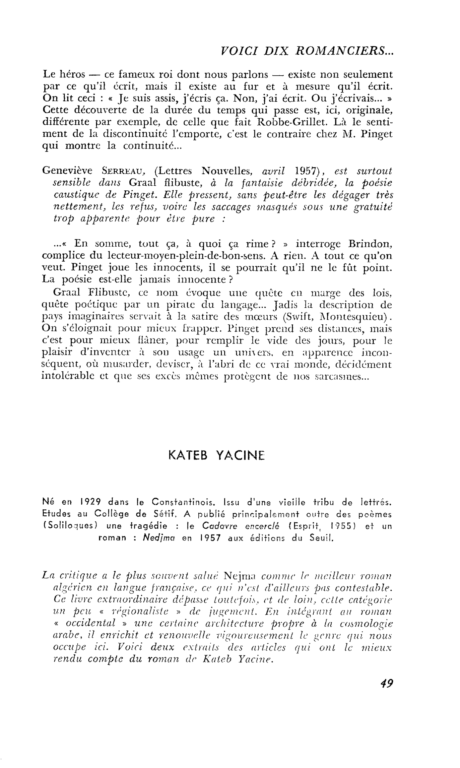 Voici dix romanciers… : KATEB YACINE