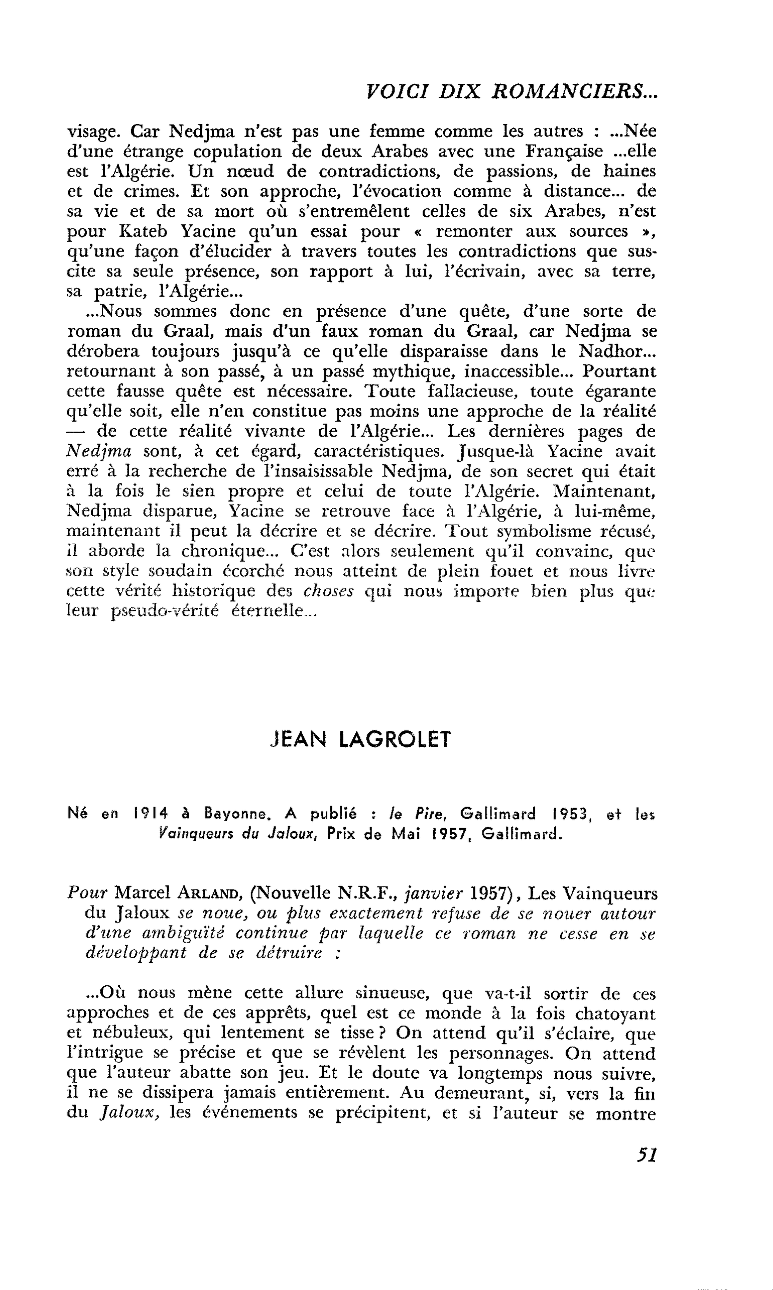 Voici dix romanciers… : JEAN LAGROLET