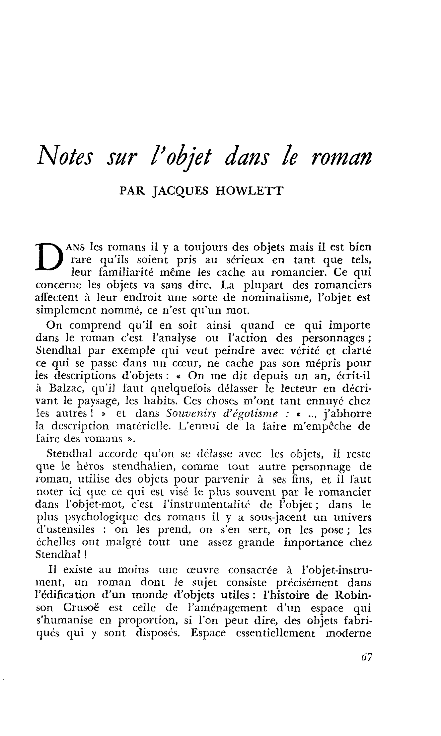 Notes sur l’objet dans le roman