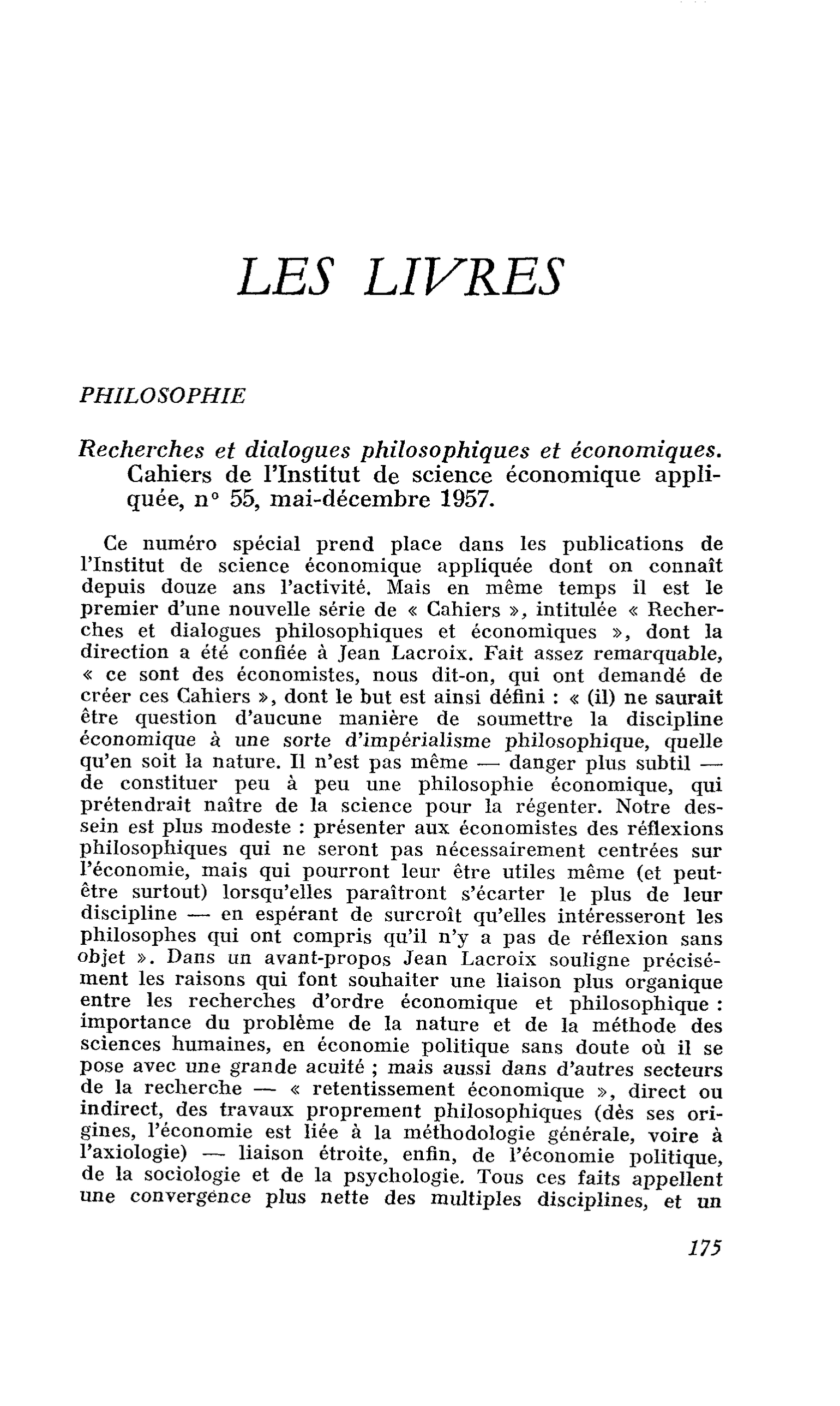 Recherches et dialogues philosophiques et économiques