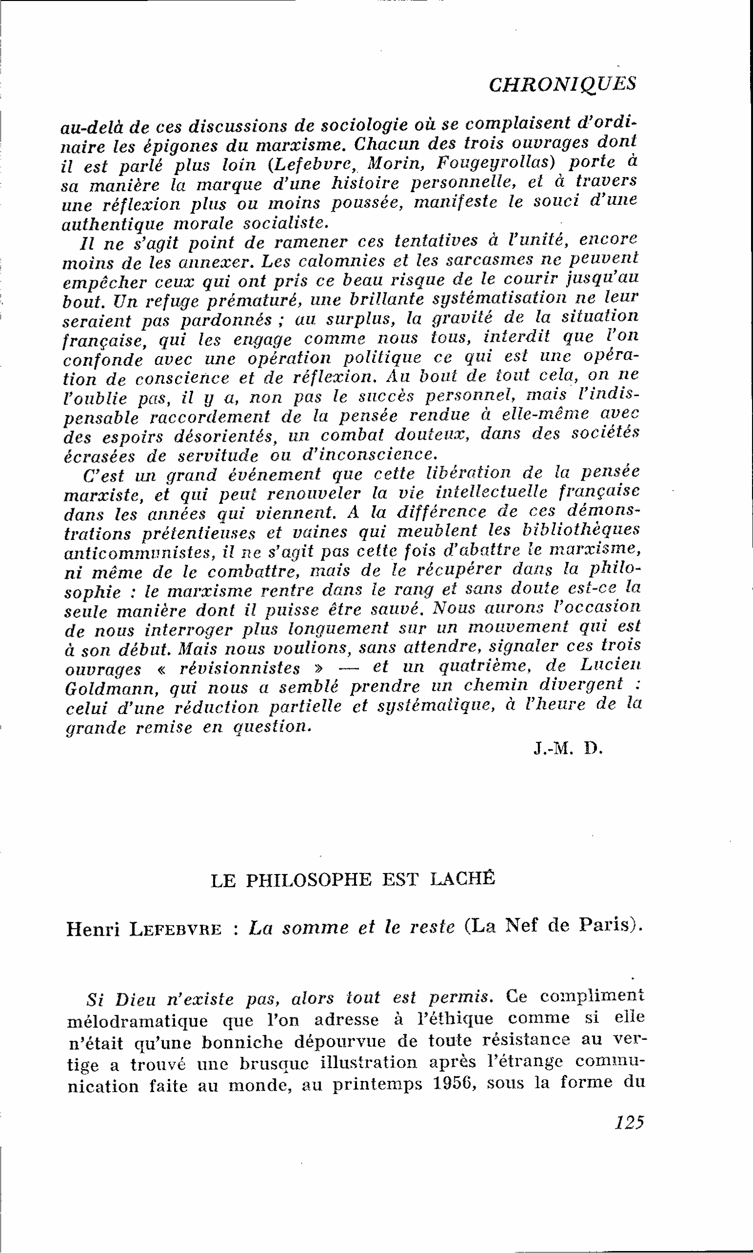 LE PHILOSOPHE EST LACHÉ. Henri Lefebvre : La somme et le reste