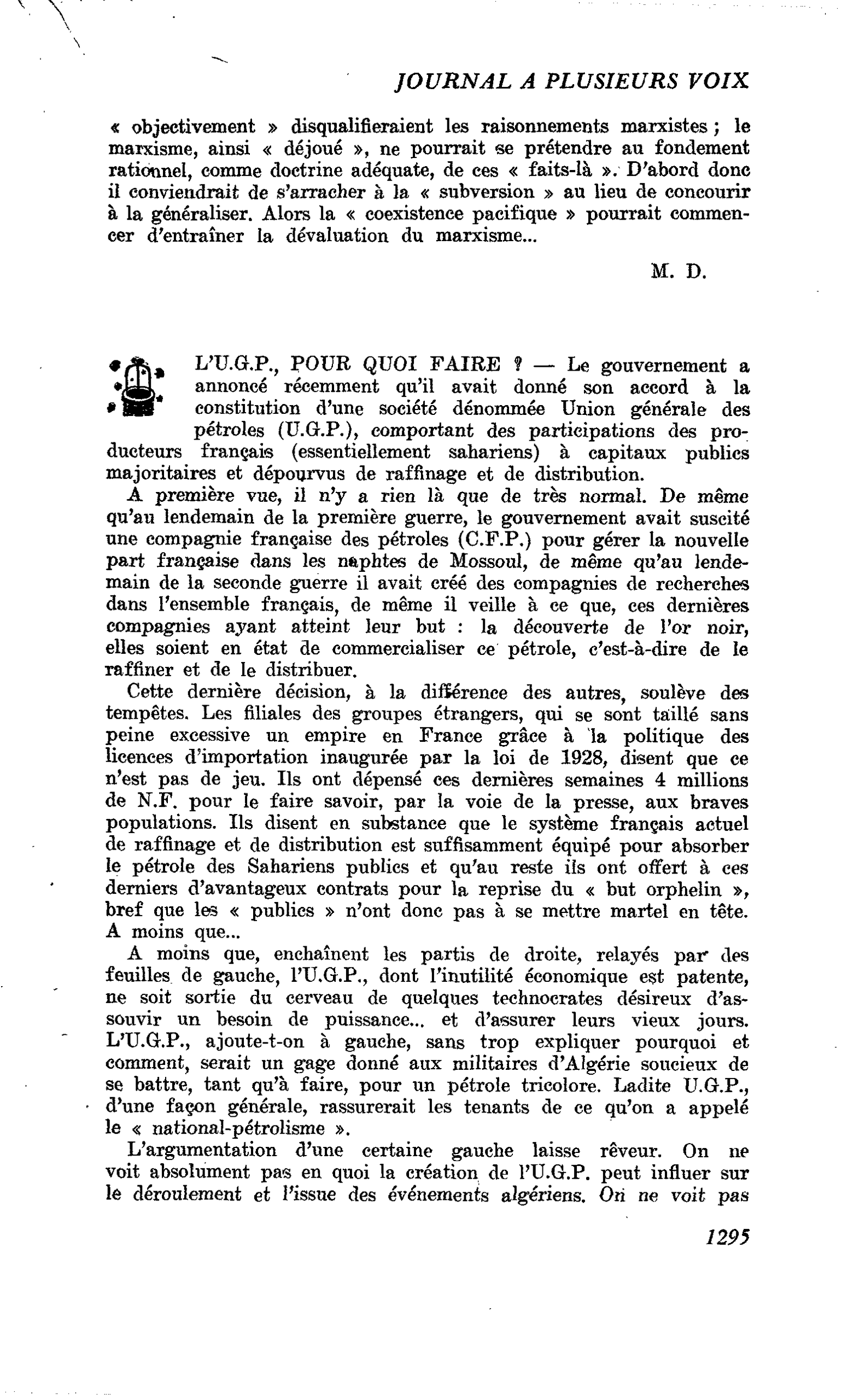 L’U.G.P., POUR QUOI FAIRE ?