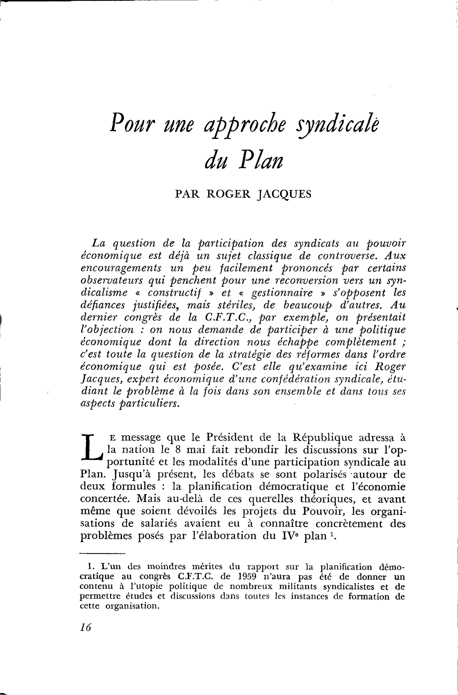 Pour une approche syndicale du Plan