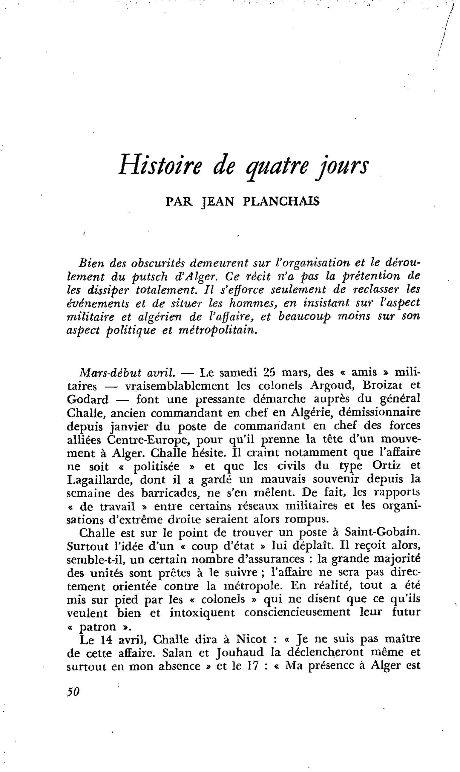 Histoire de quatre jours