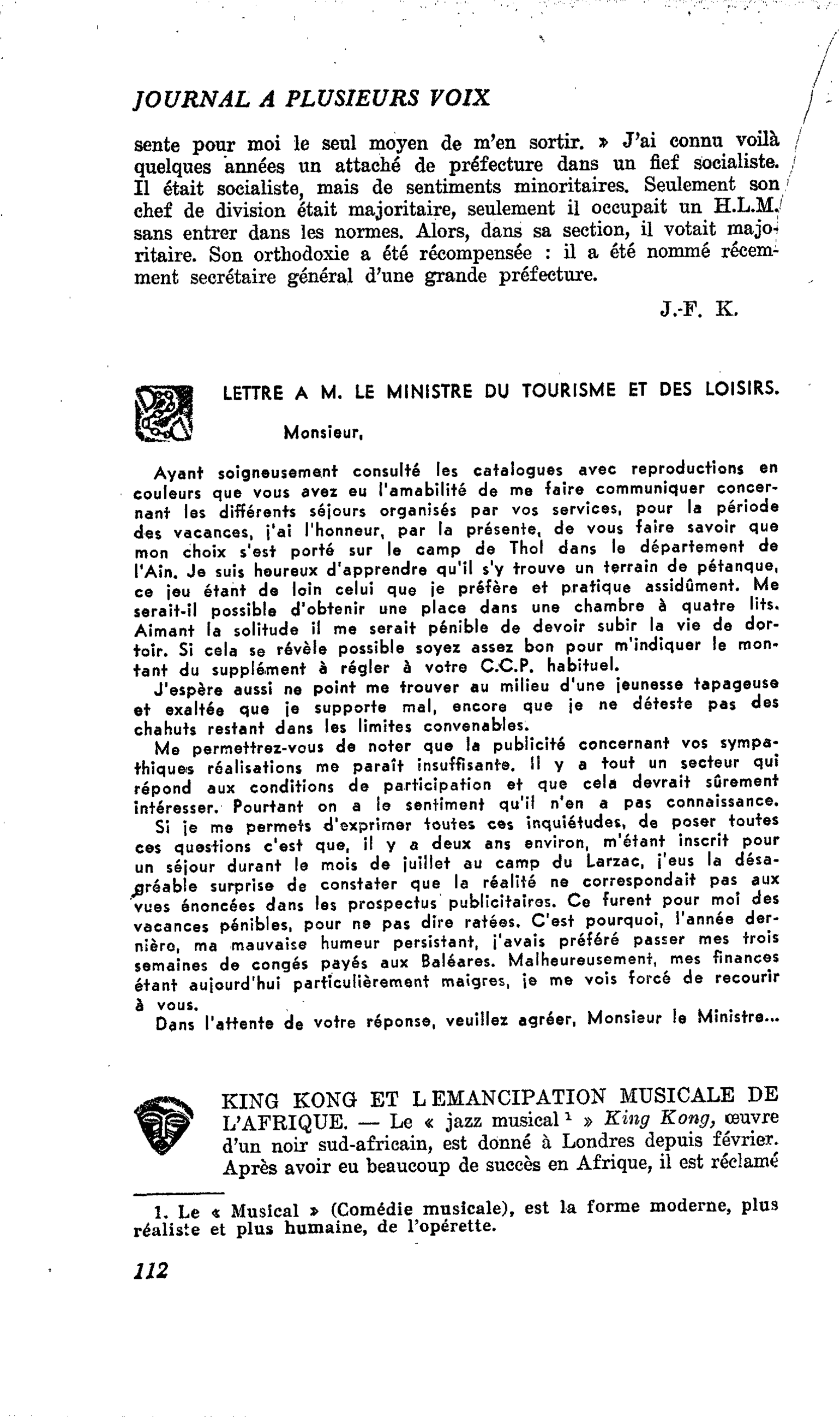 LETTRE A M. LE MINISTRE DU TOURISME ET DES LOISIRS