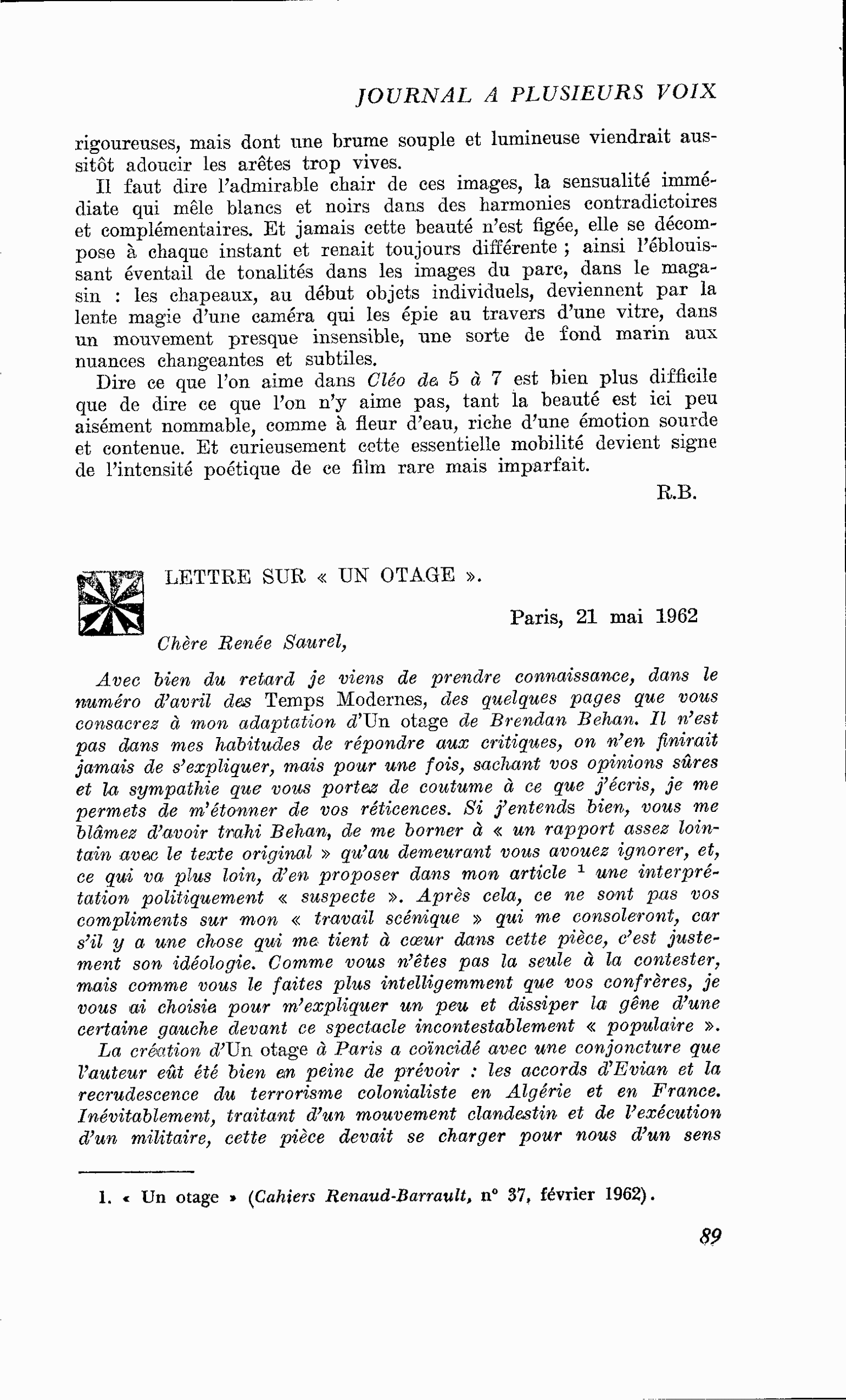 LETTRE SUR « UN OTAGE »