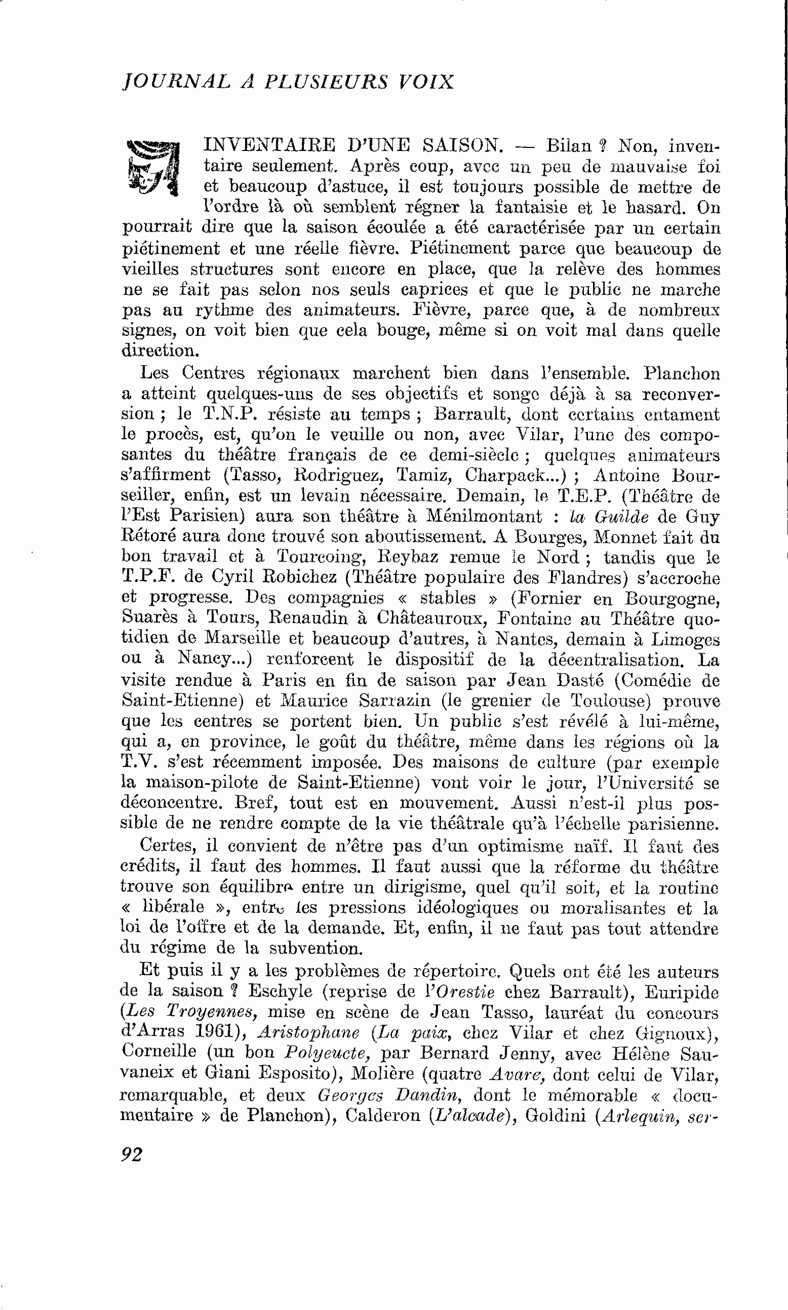 INVENTAIRE D’UNE SAISON