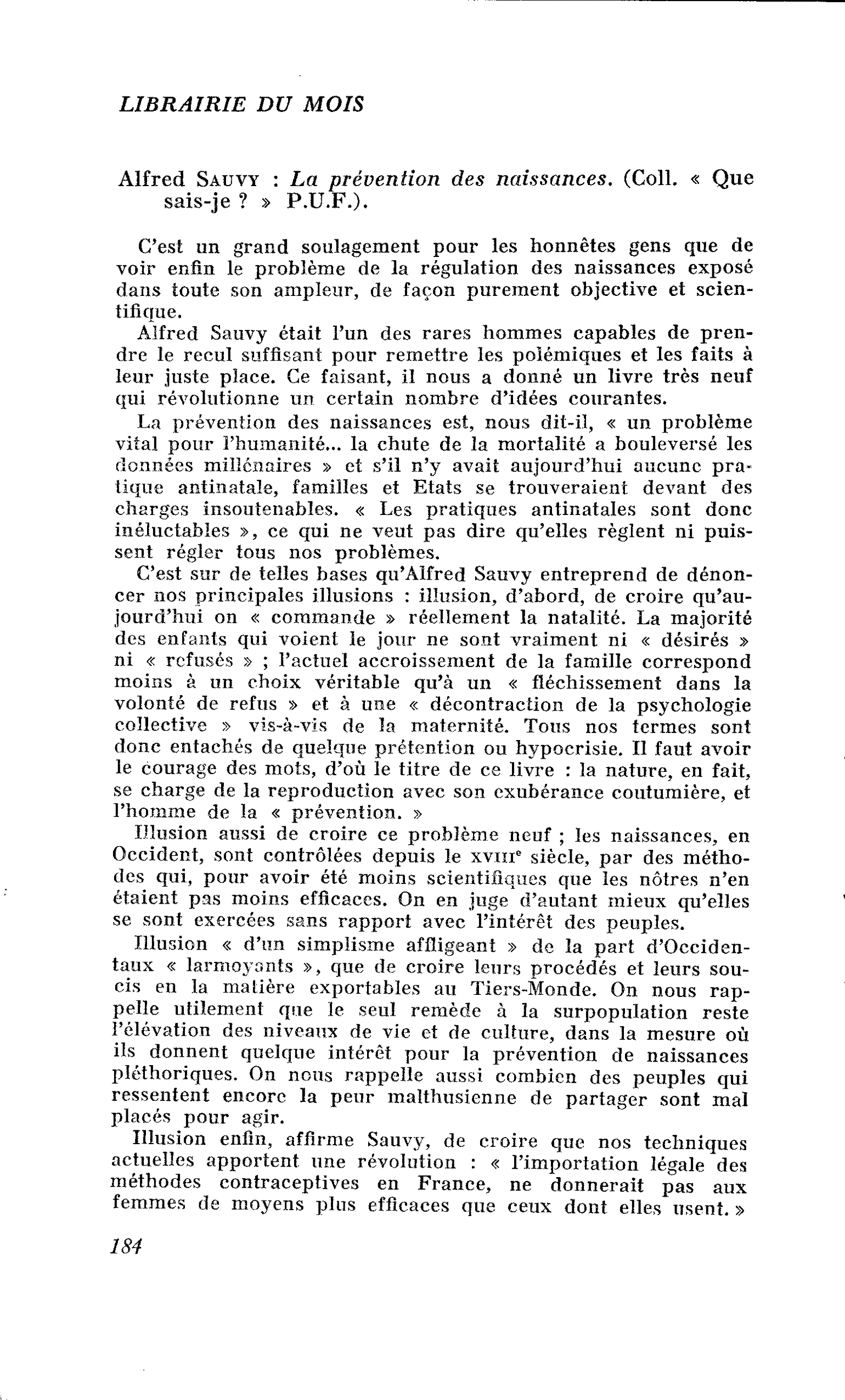 Alfred Sauvy : La prévention des naissances