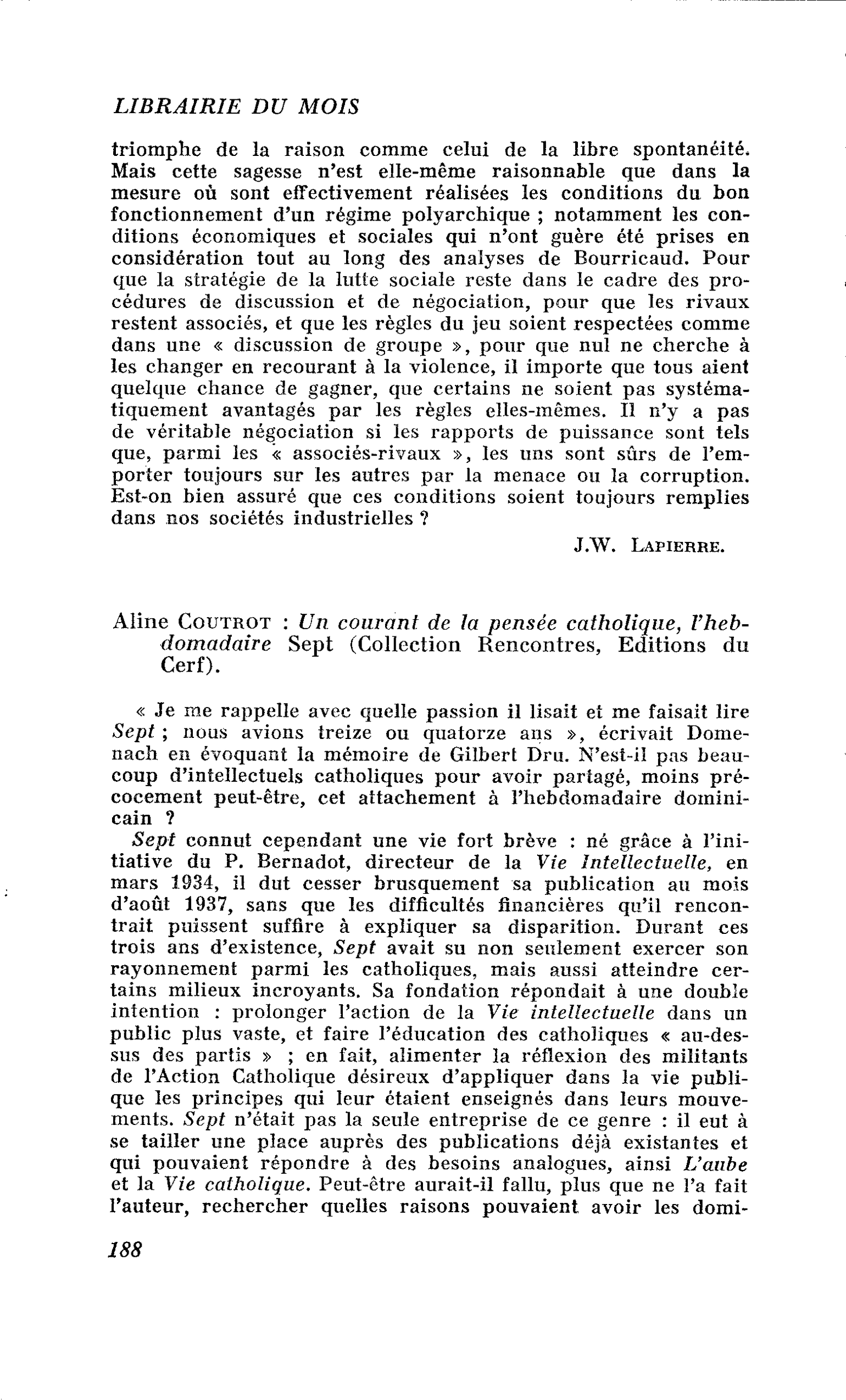Aline Coutrot : Un courant de la pensée catholique, l’hebdomadaire Sept