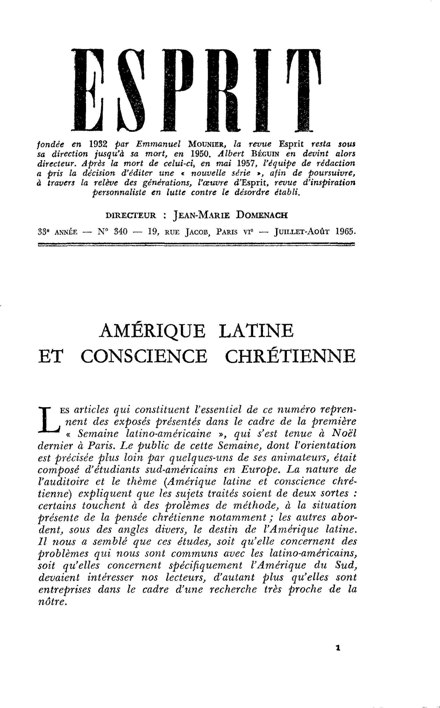 AMÉRIQUE LATINE ET CONSCIENCE CHRÉTIENNE