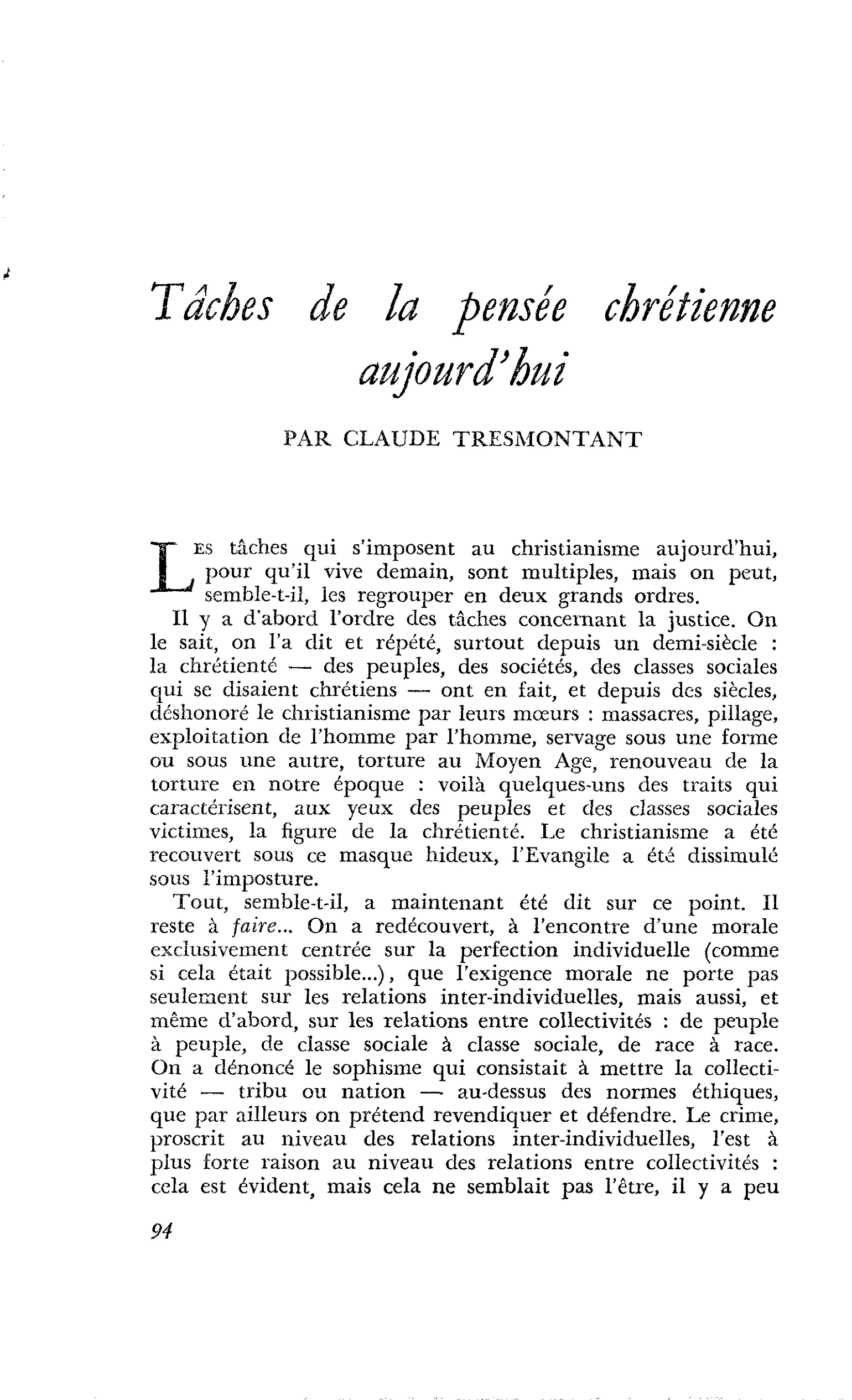 Tâches de la pensée chrétienne aujourd’hui