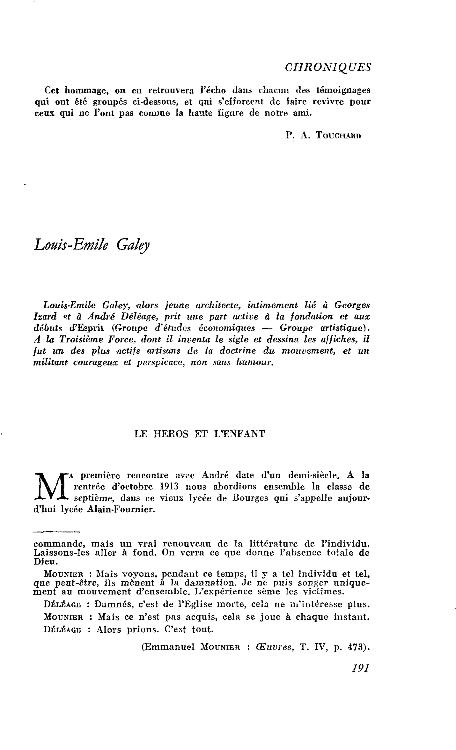 Souvenir d’André Déléage : Louis-Emile Galey