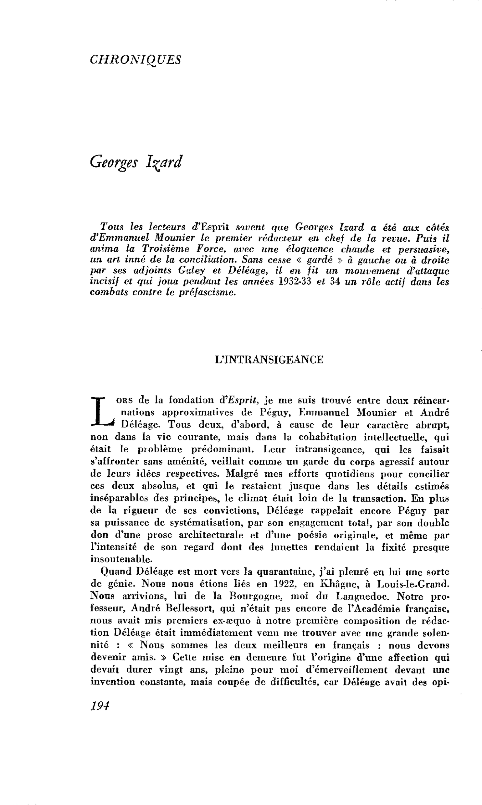 Souvenir d’André Déléage : Georges Izard