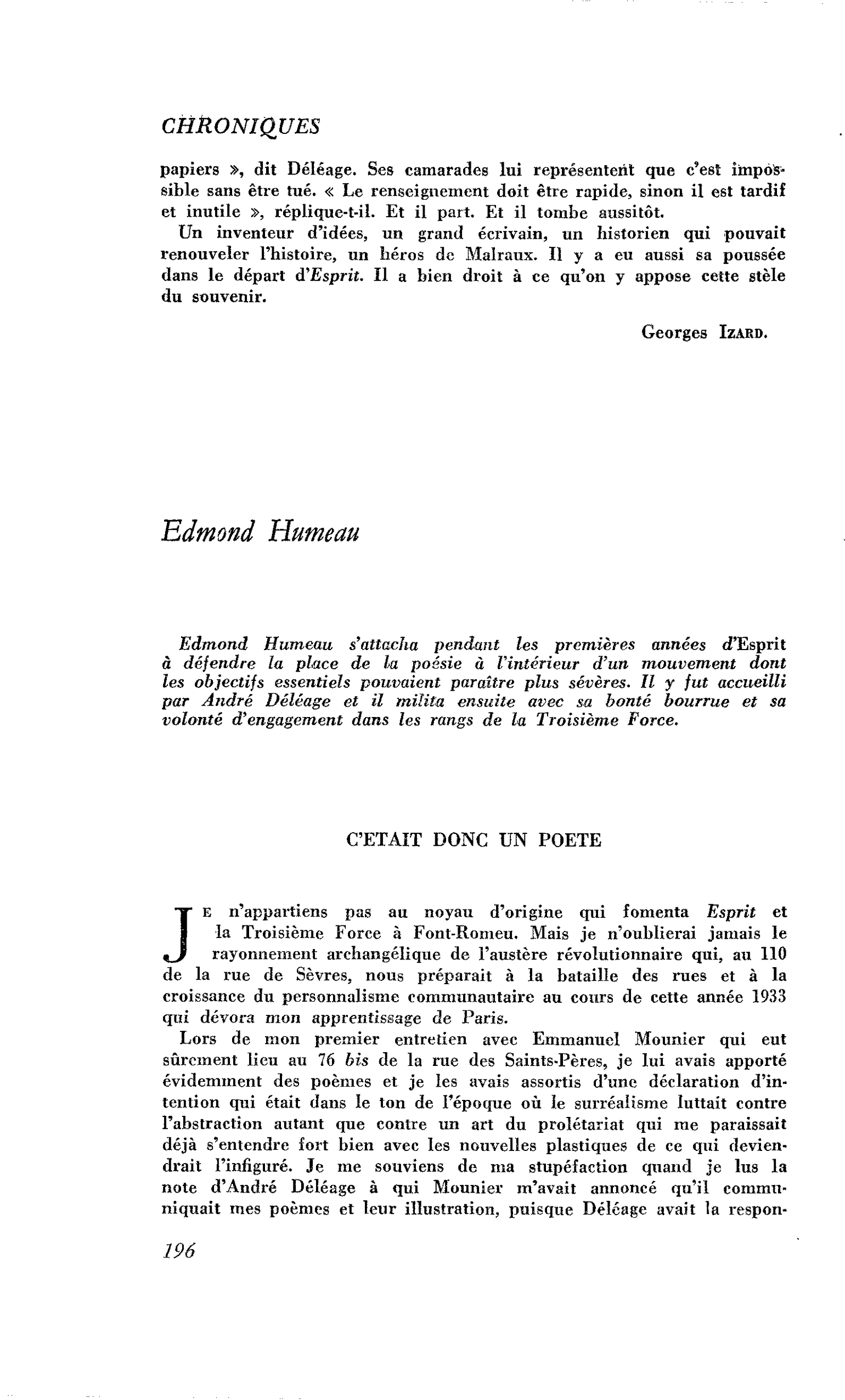 Souvenir d’André Déléage : Edmond Humeau
