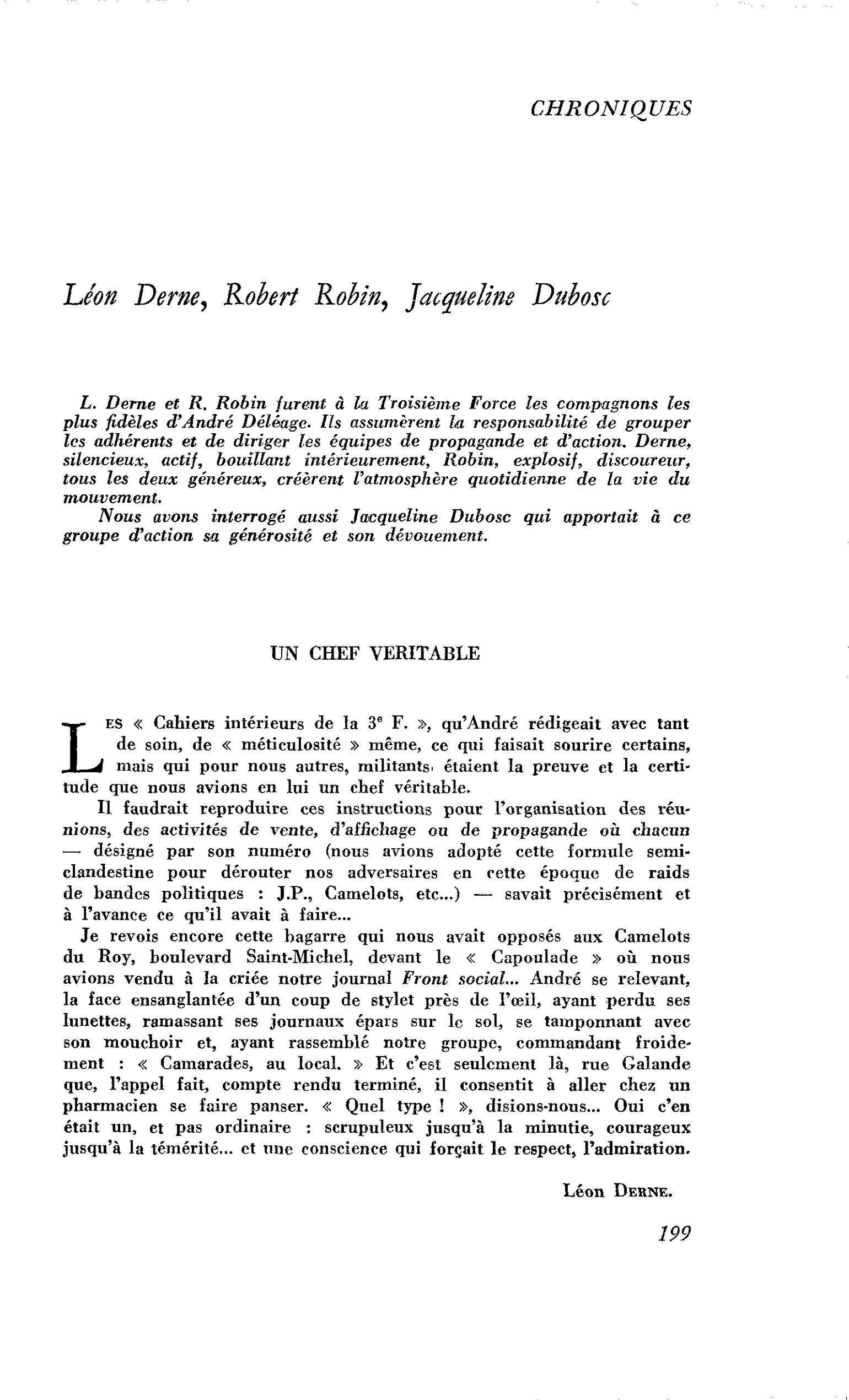 Souvenir d’André Déléage : Léon Derne Robert Robin Jacqueline Dubosc