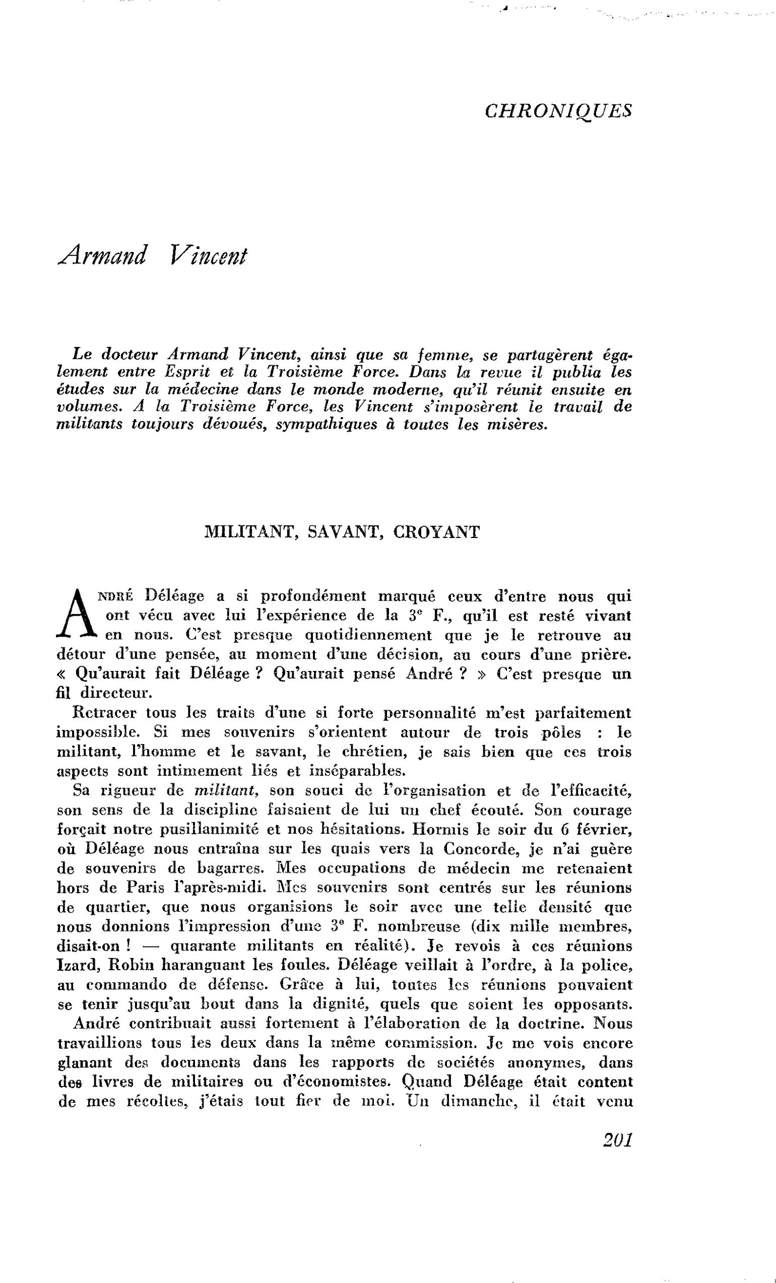 Souvenir d’André Déléage : Armand Vincent