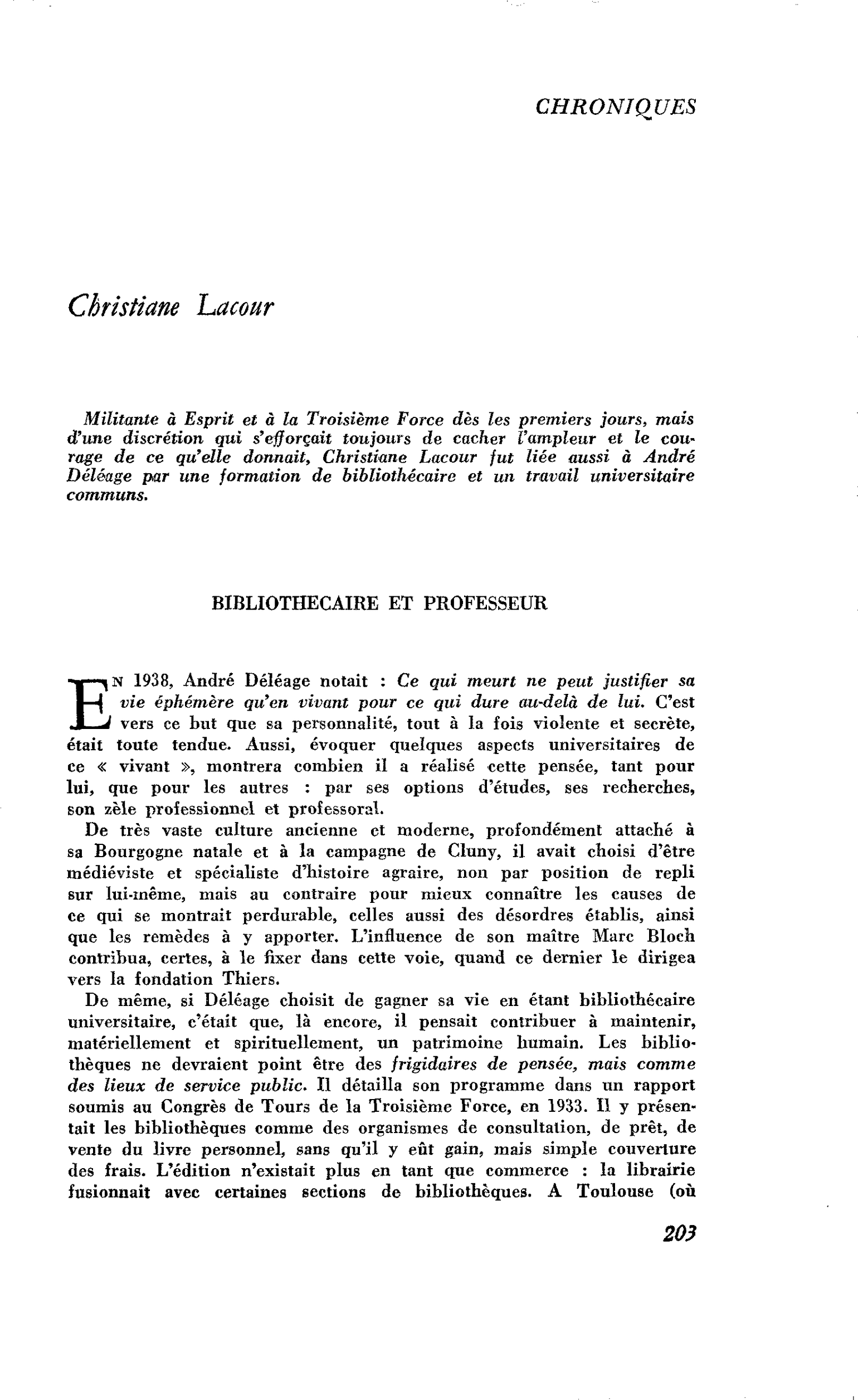 Souvenir d’André Déléage : Christiane Lacour