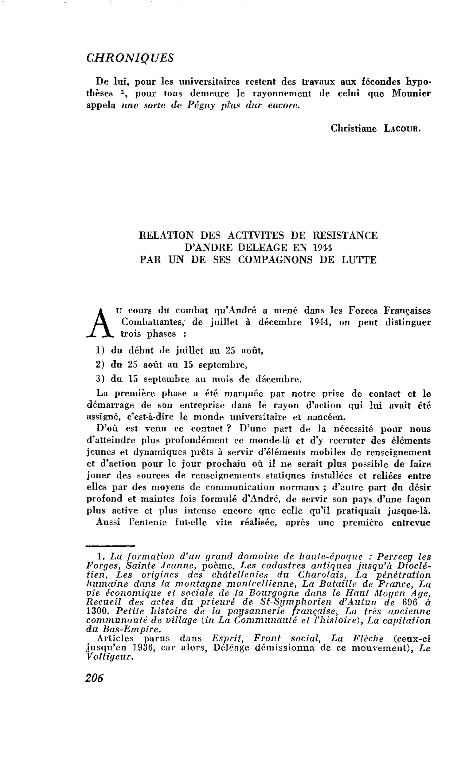 Souvenir d’André Déléage : RELATION DES ACTIVITES DE RESISTANCE D’ANDRE DELEAGE EN 1944 PAR UN DE SES COMPAGNONS DE LUTTE
