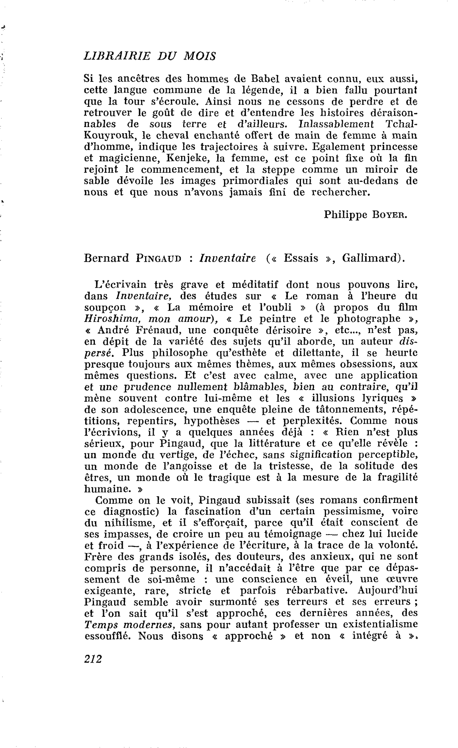 Bernard Pingaud : Inventaire