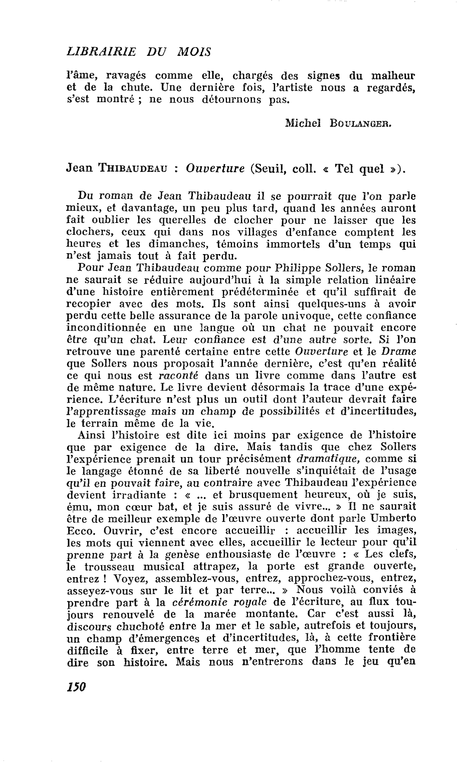 Jean Thibaudeau : Ouverture