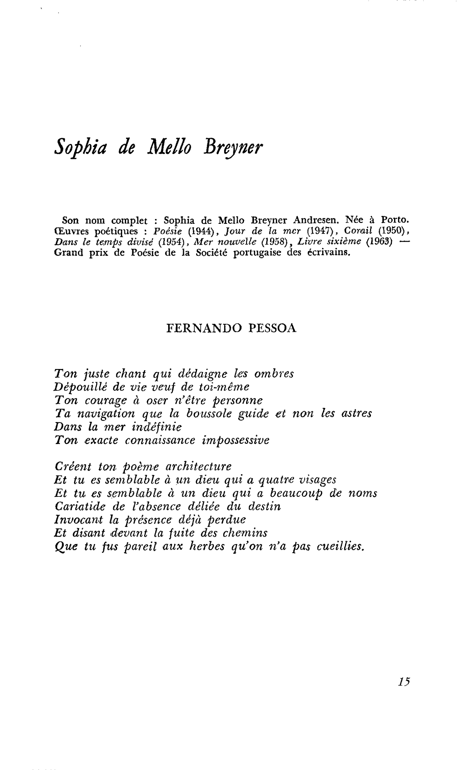 Poètes portugais : Sophia de Mello Breyner
