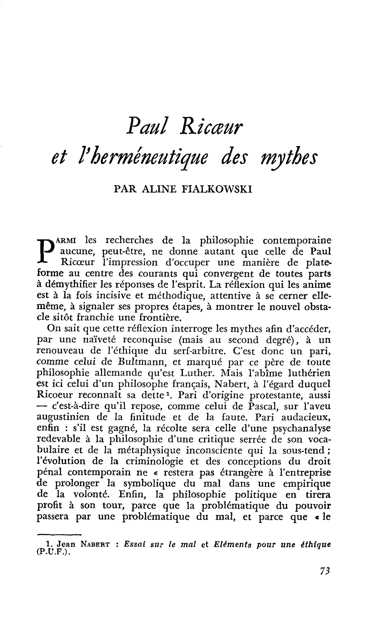 Paul Ricoeur et l’herméneutique des mythes