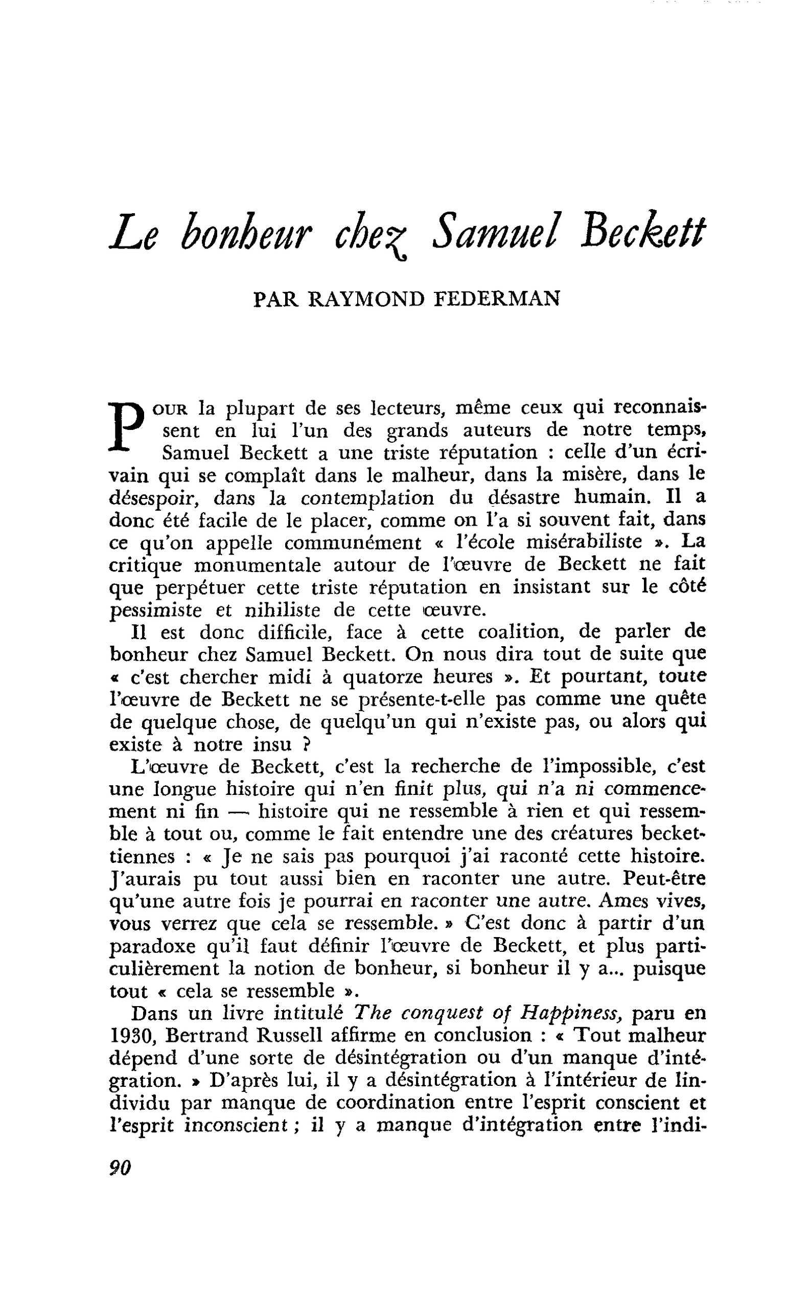 Le bonheur chez Samuel Beckett