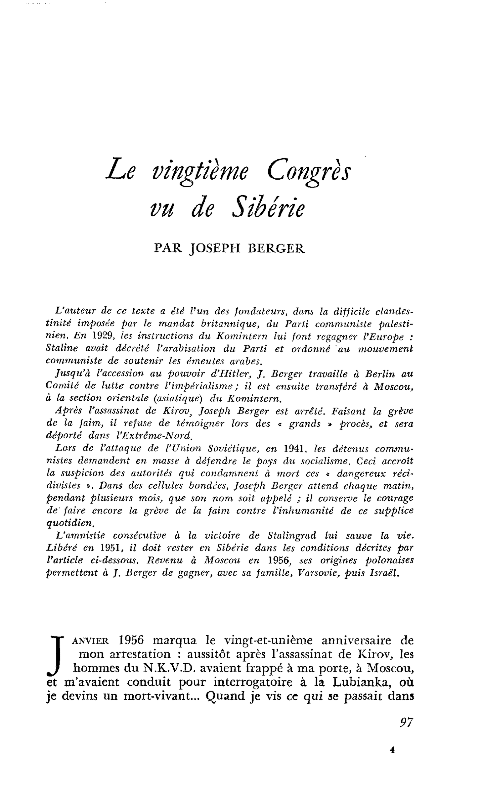 Le vingtième Congrès vu de Sibérie