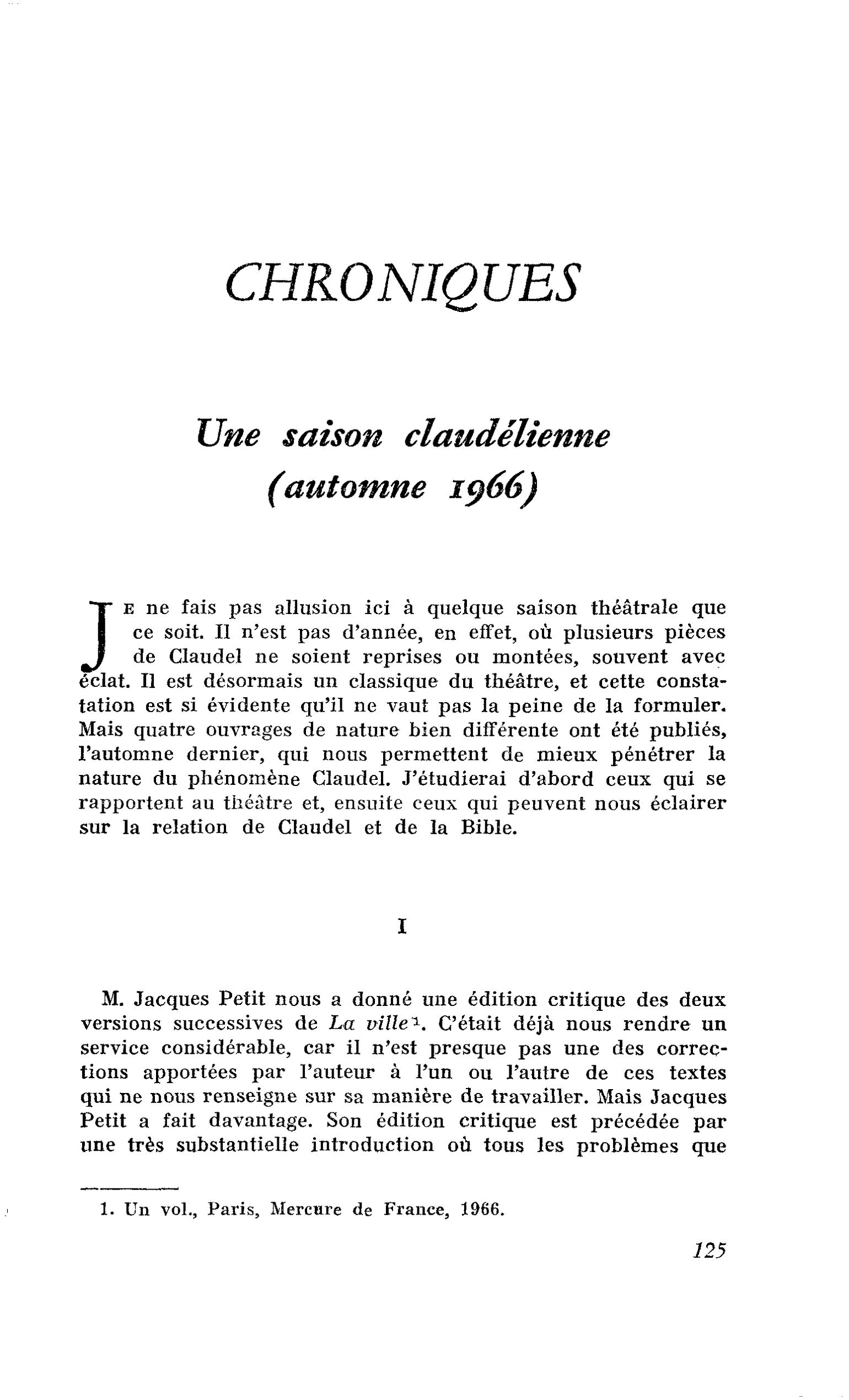 Une saison claudélienne (automne 1966)