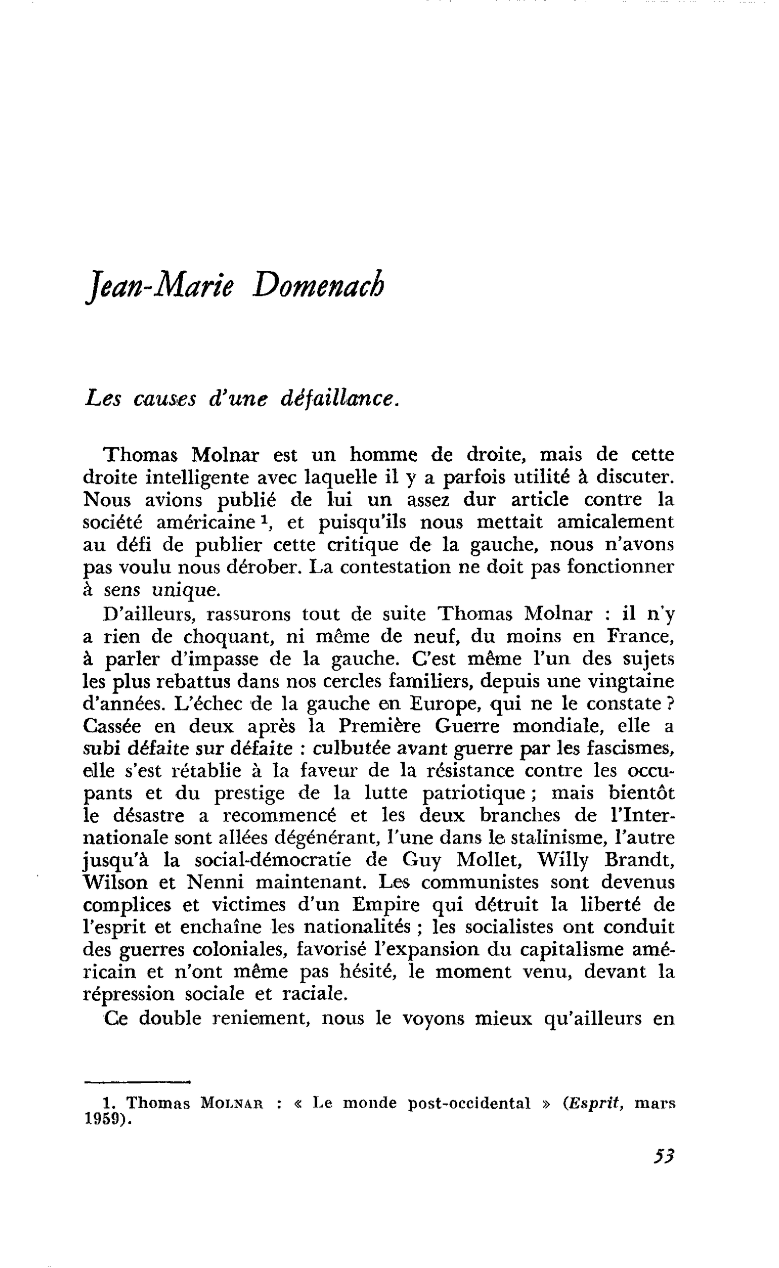 L’IMPASSE DE LA GAUCHE : Jean-Marie Domenach