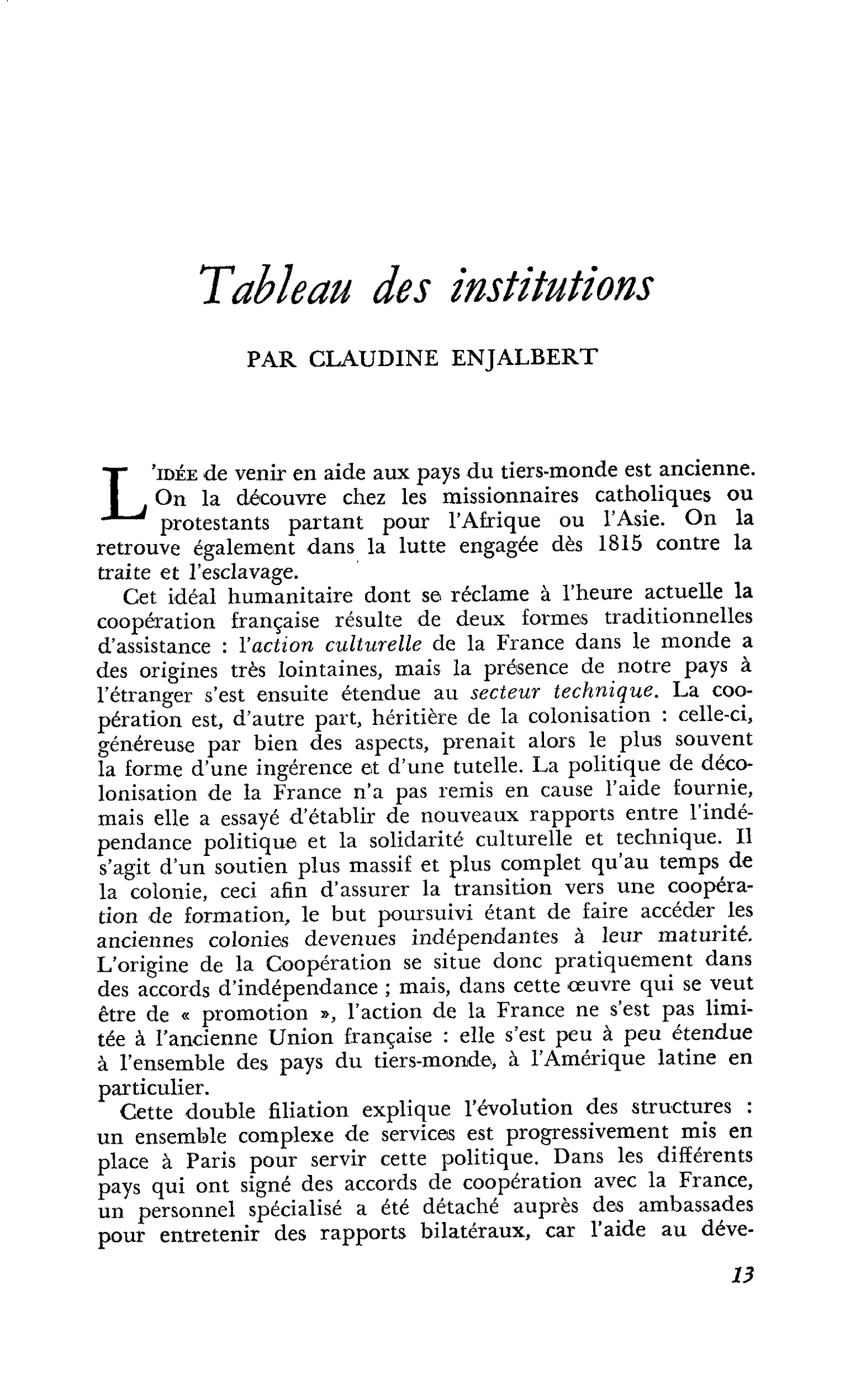Tableau des institutions