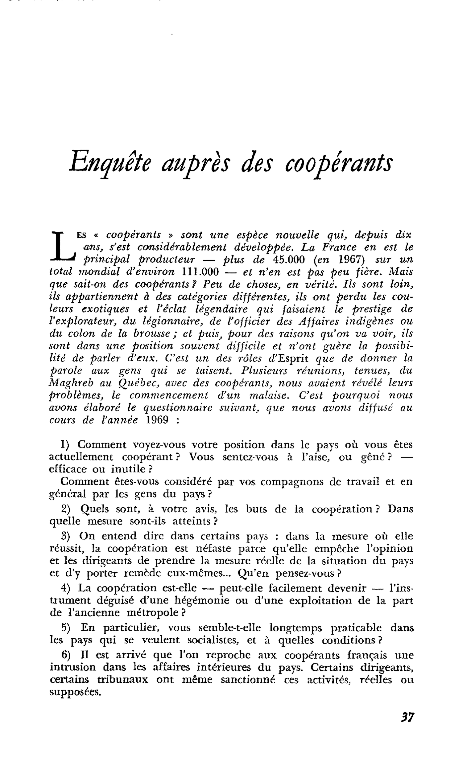 Enquête auprès des coopérants