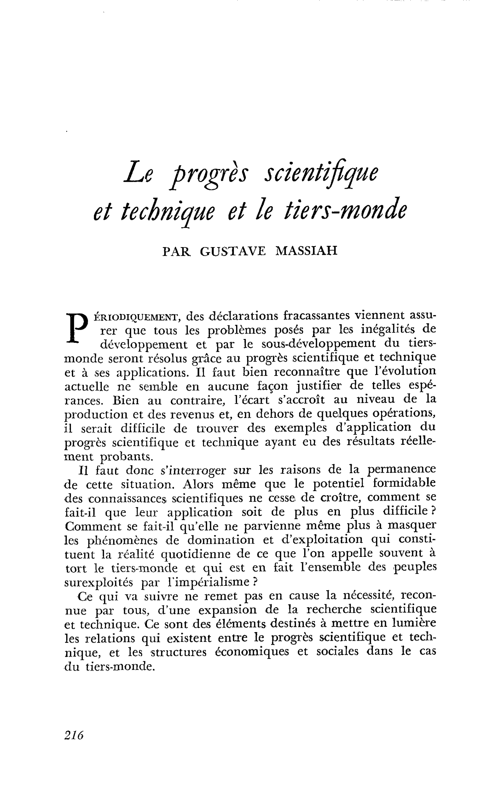 Le progrès scientifique et technique et le tiers-monde